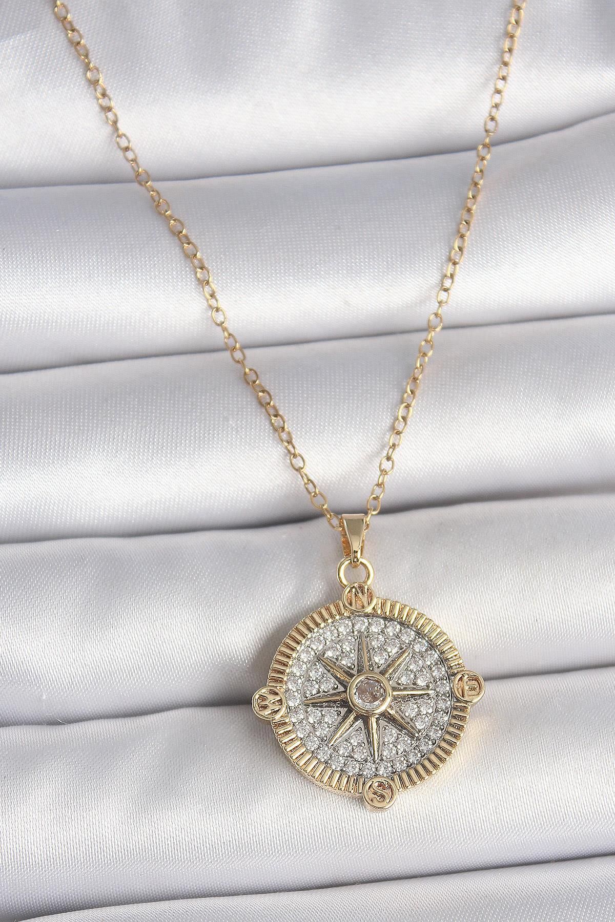prativas 316L Çelik Gold Renk Zirkon Taşlı Pusula Model Kadın Kolye