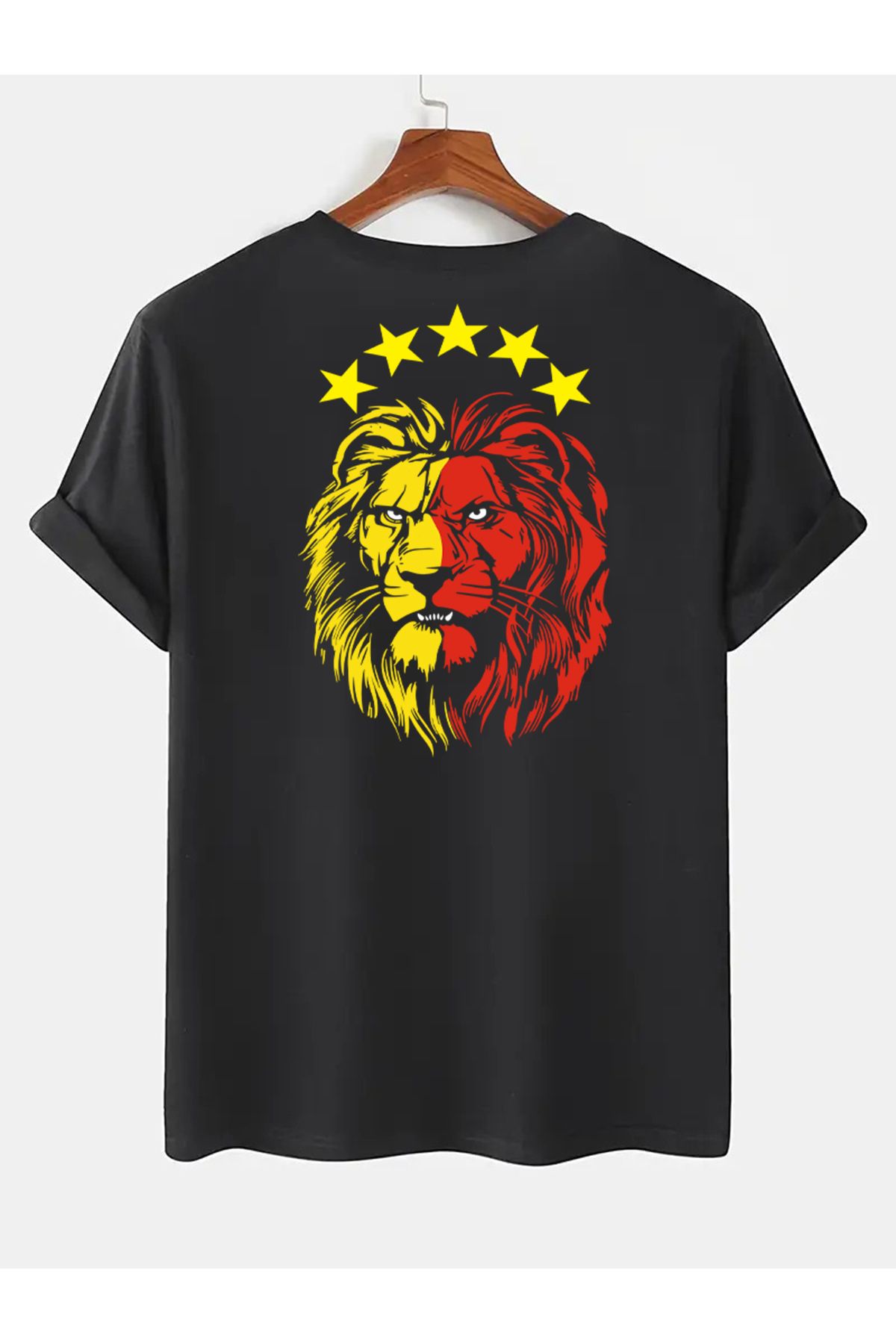 MARKATEM Unisex Pamuklu Beş Yıldızlı Şampiyon Aslan Temalı SIRT VE GÖĞÜS Baskılı Oversize T-shirt