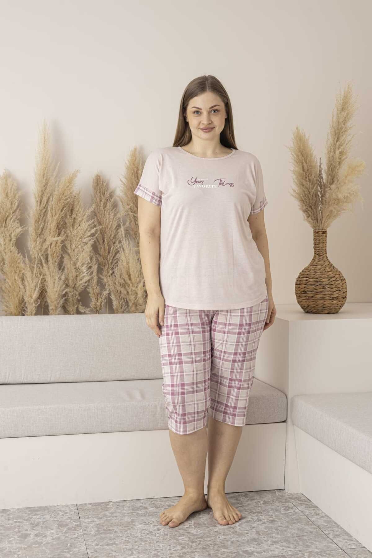 Lio20 Kadın Kareli Viskon Kısa Kol Pijama Kapri Takımı-Battal-Somon
