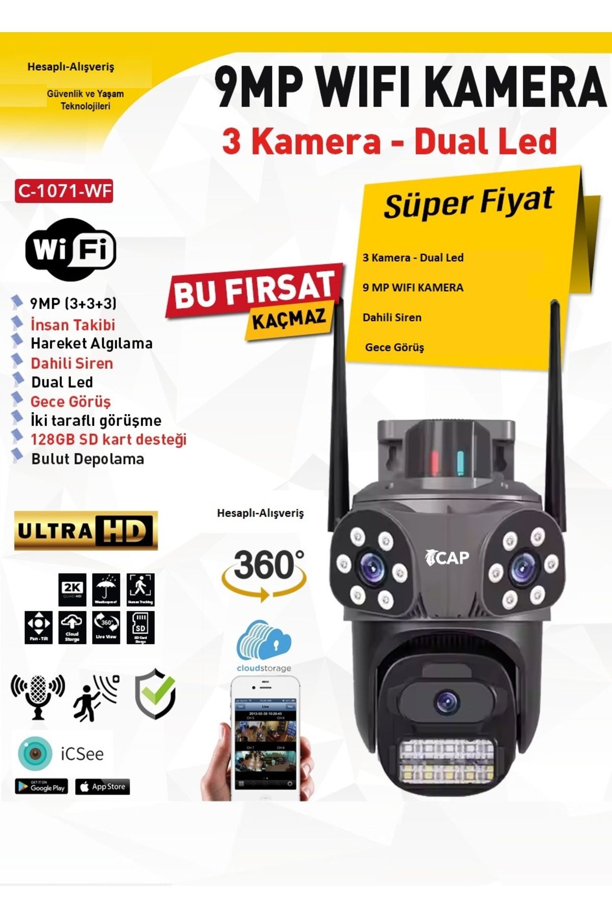Genel Markalar 9MP 360° PTZ WİFİ KAMERA (ALARM SİREN- UZAKTAN İZLEME-KAYIT ETME-GECE GÖRÜŞ-HAREKET ALGILAMA)