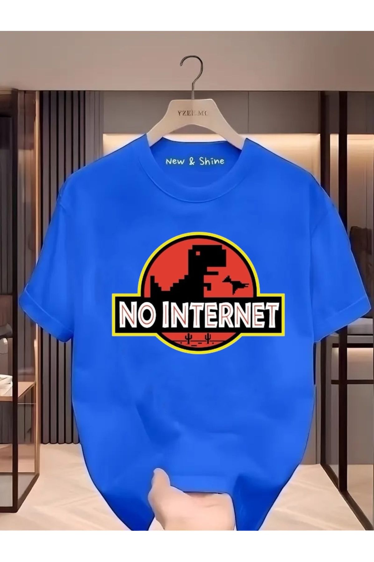 New Shine No Internet Dinozor Baskılı Büyük Beden Oversize T-Shirt