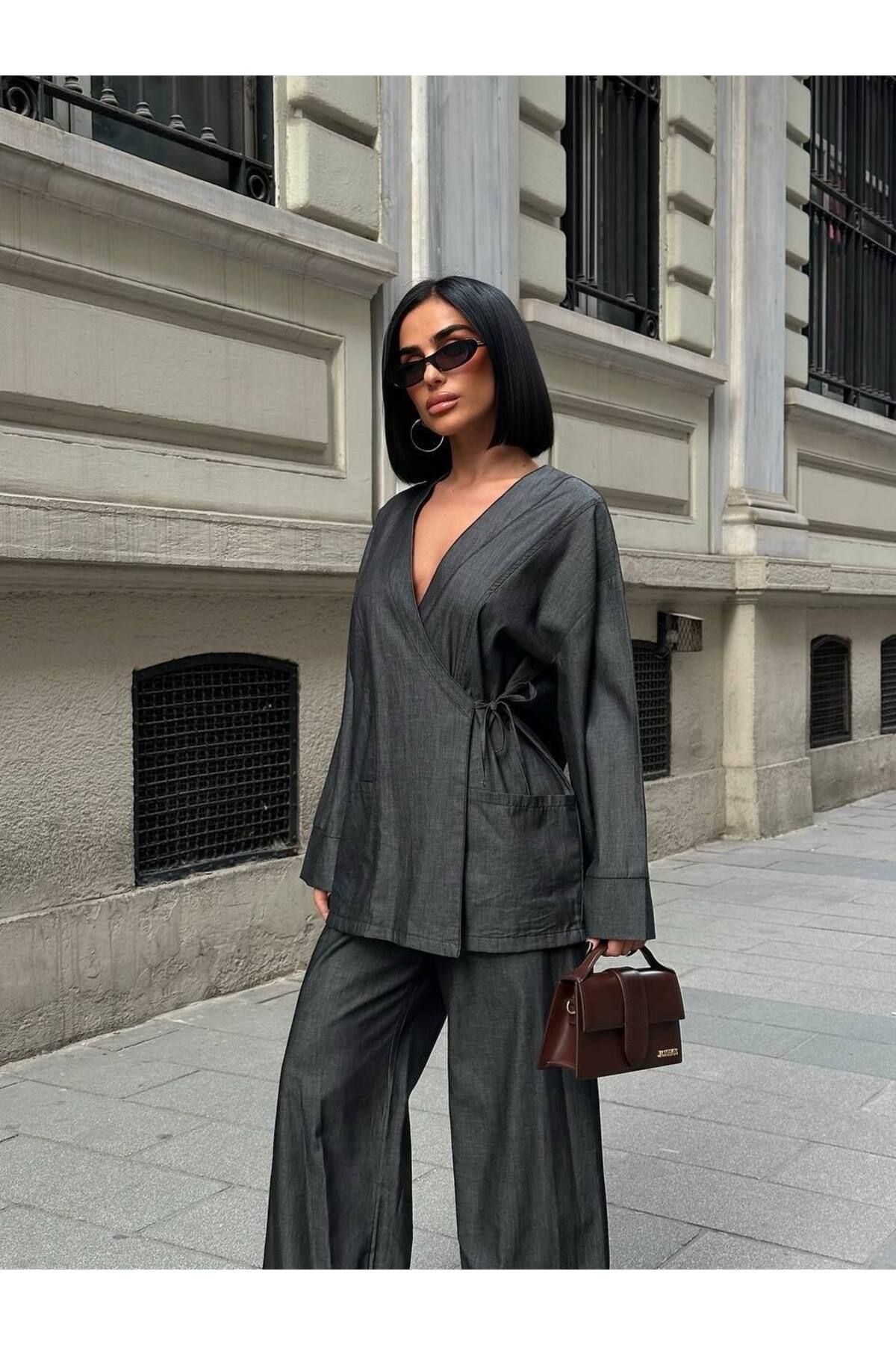 bymaestro woman Kadın Kot Görünümlü Bağlamalı Gömlek-Pantolon Takım