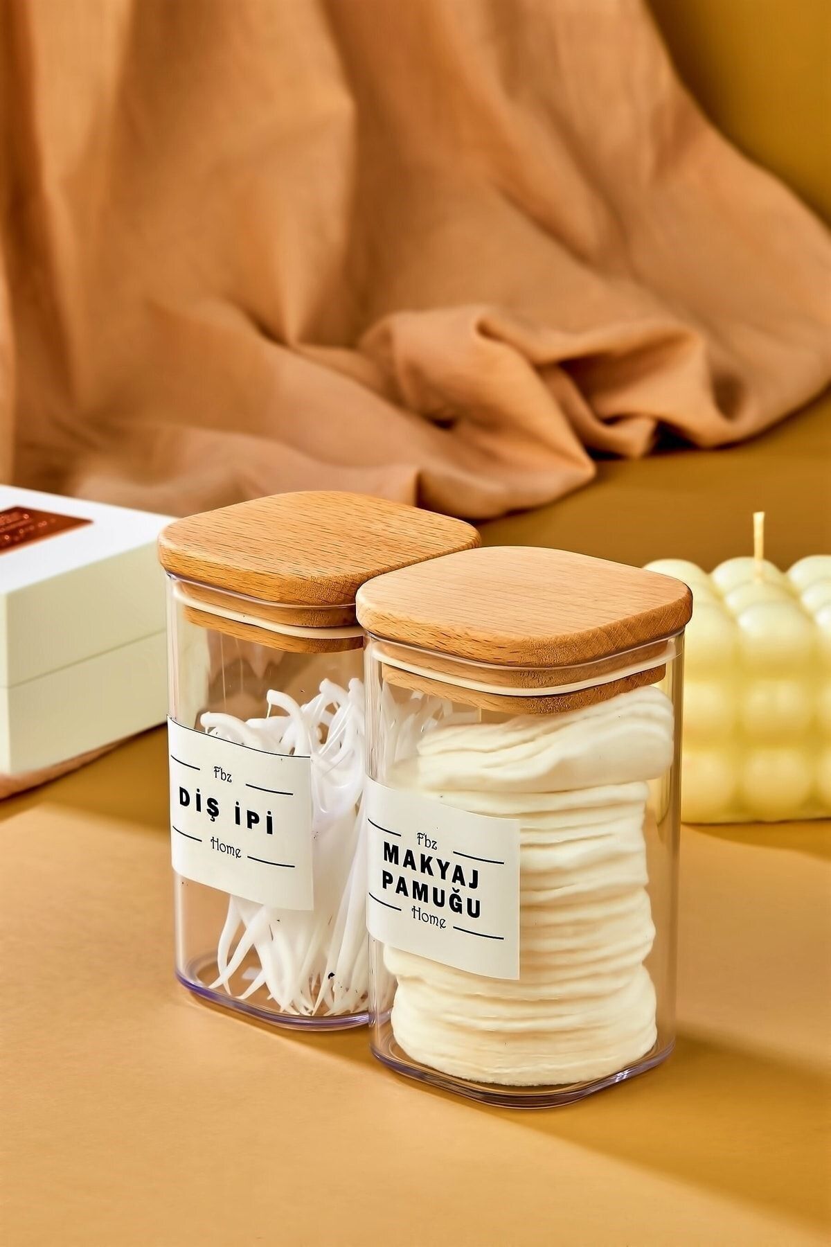 Carat Home 2'li Ahşap Kapaklı Dekoratif Makyaj Pamuğu & Diş Ipi Organizeri 250 Ml Akrilik Pamukluk