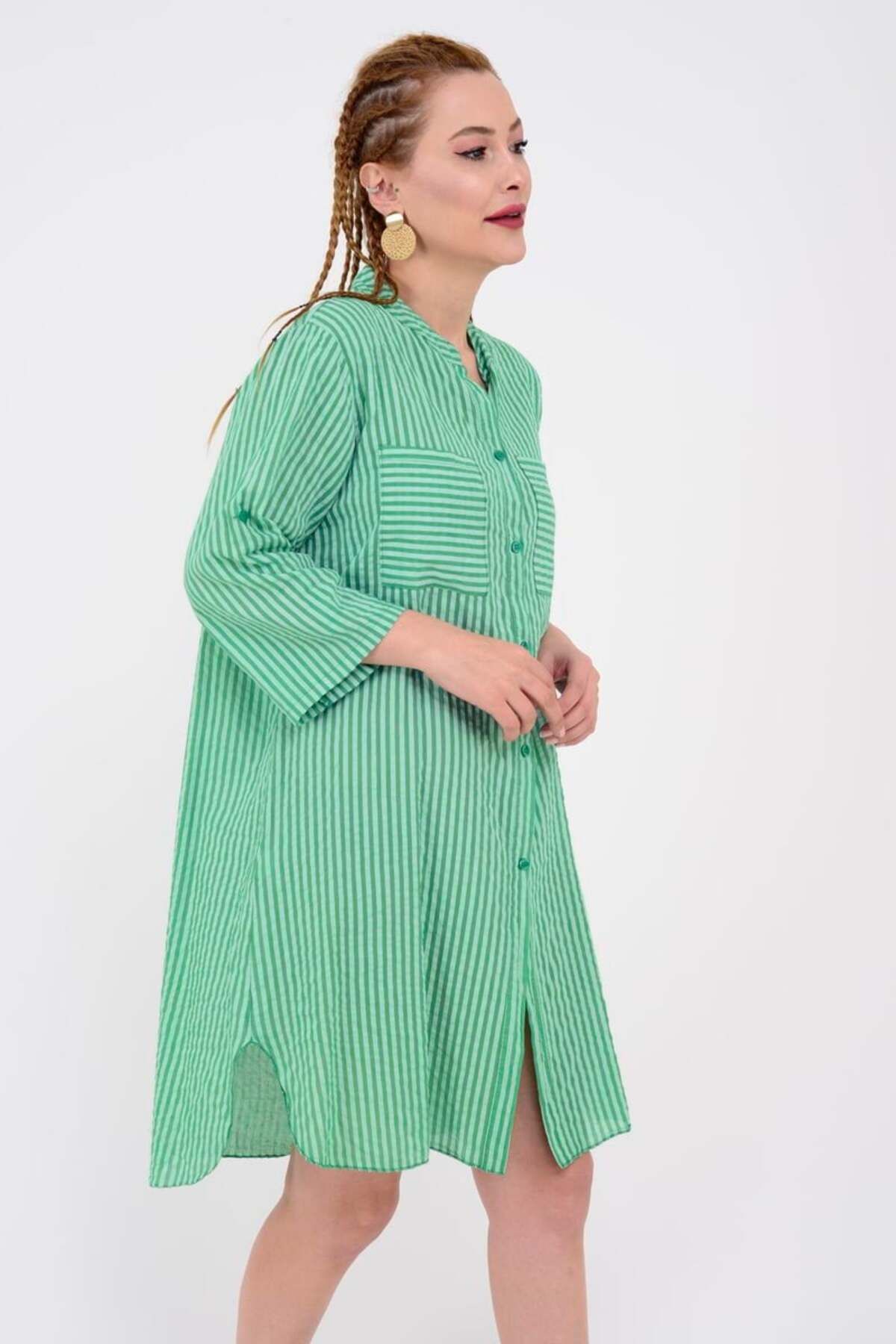 CELTMODA Kadın Çizgili Yarım Kol Yarım Kol İthal Gömlek Tunik - Yeşil