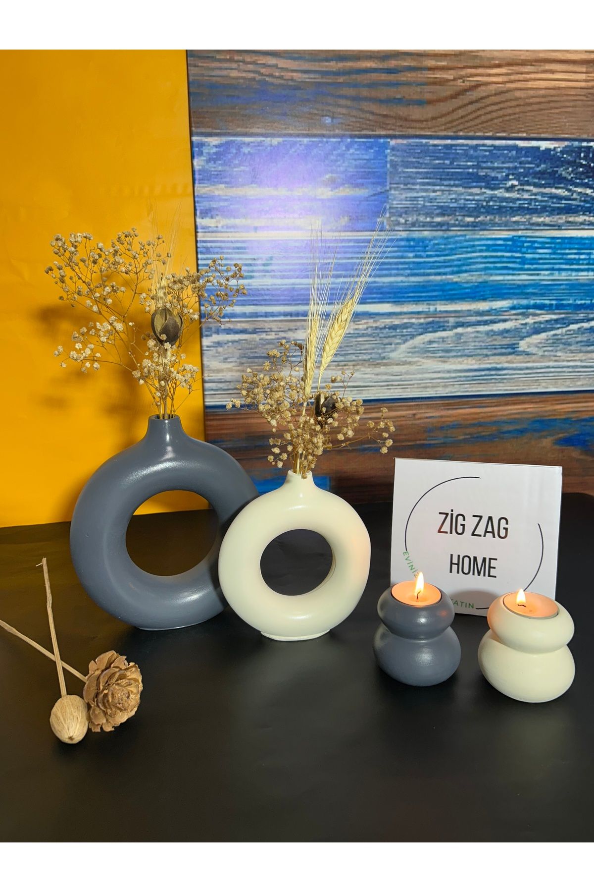 Zigzag Home Dekoratif Halka Vazo 2 ‘Li ve 2 Adet mumluklu takım Bohem tarz Füme Bej vazo takım