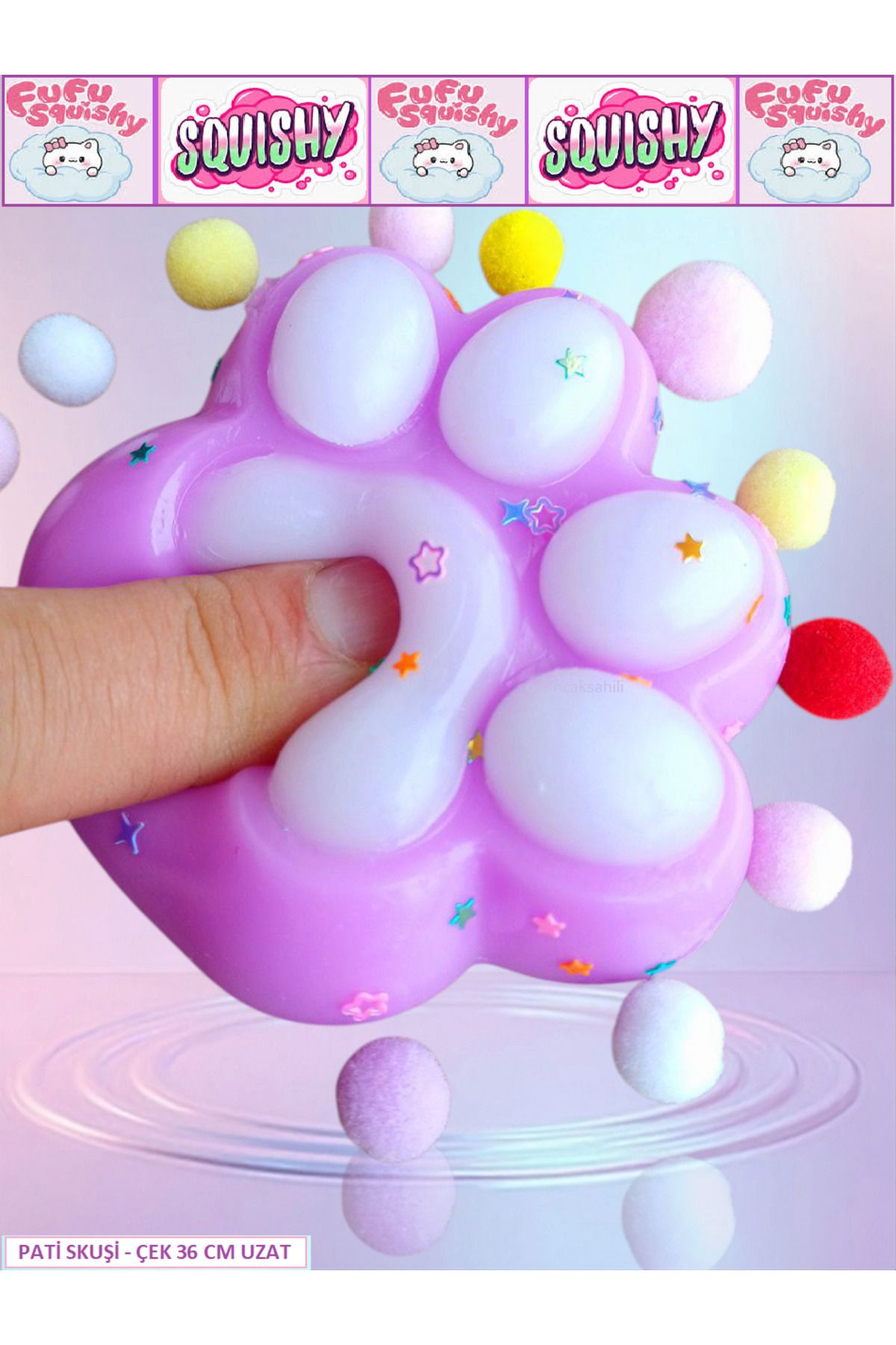 OYUNCAKSAHİLİ Fufu Squishy Kedi Patisi Simli Yıldız Boncuk Seti Pink Sukuşi Oyuncak Pati Esnek 36cm Uzar