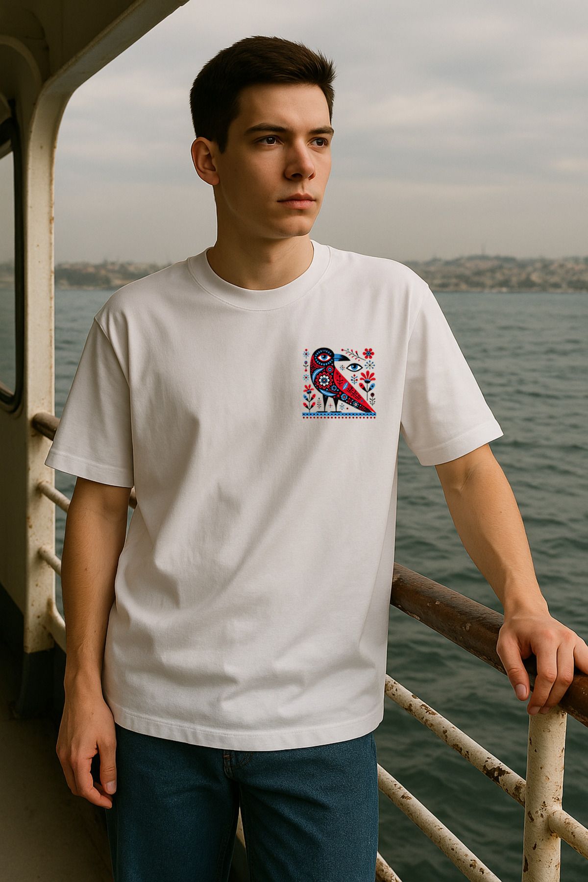 wolka Karga Baskılı Unisex %100 Pamuk Oversize Bisiklet Yaka Beyaz T-shirt