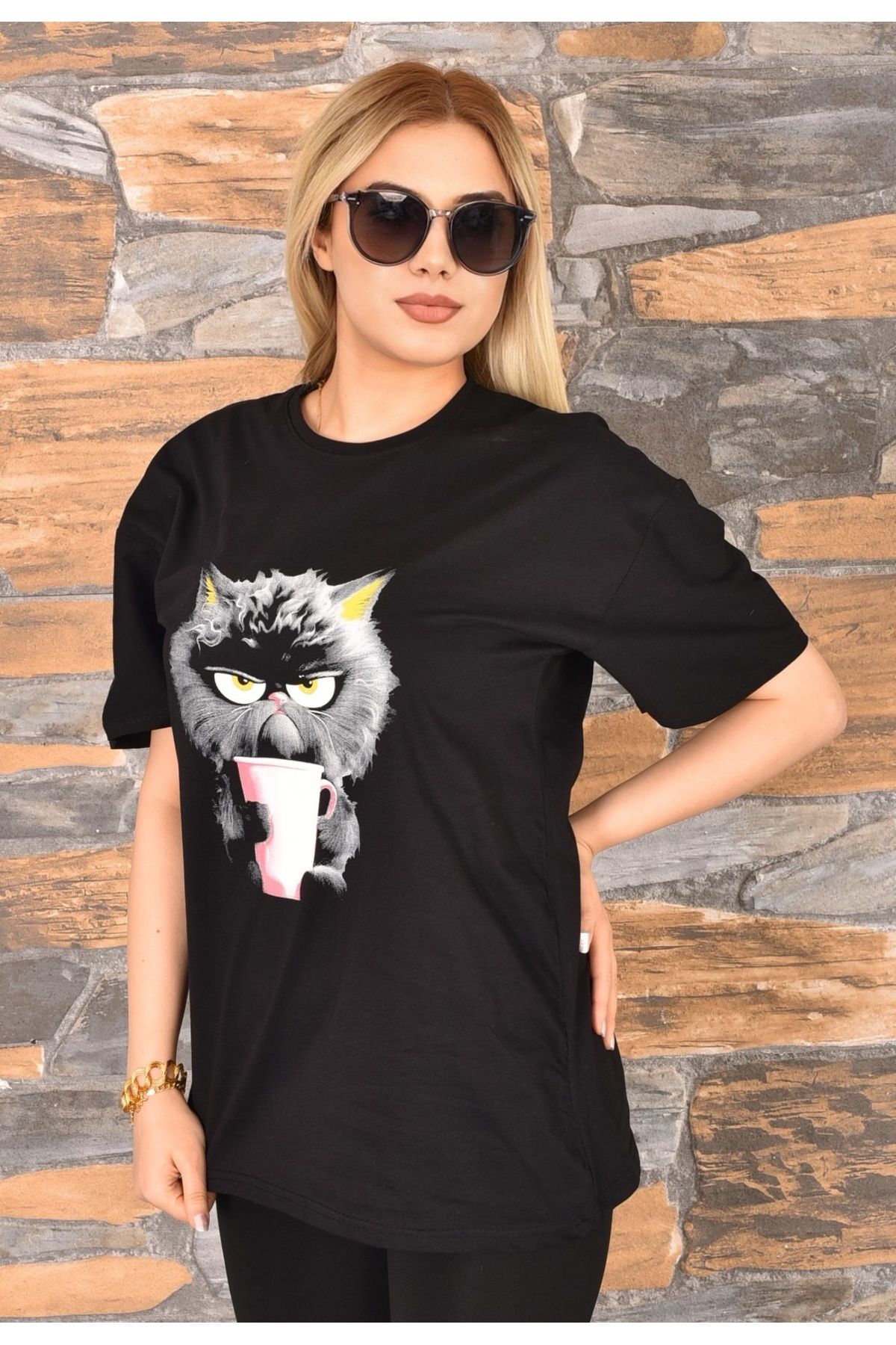 GEZEGENX Kedi Baskılı Oversize Kadın T-Shirt Bisiklet Yaka