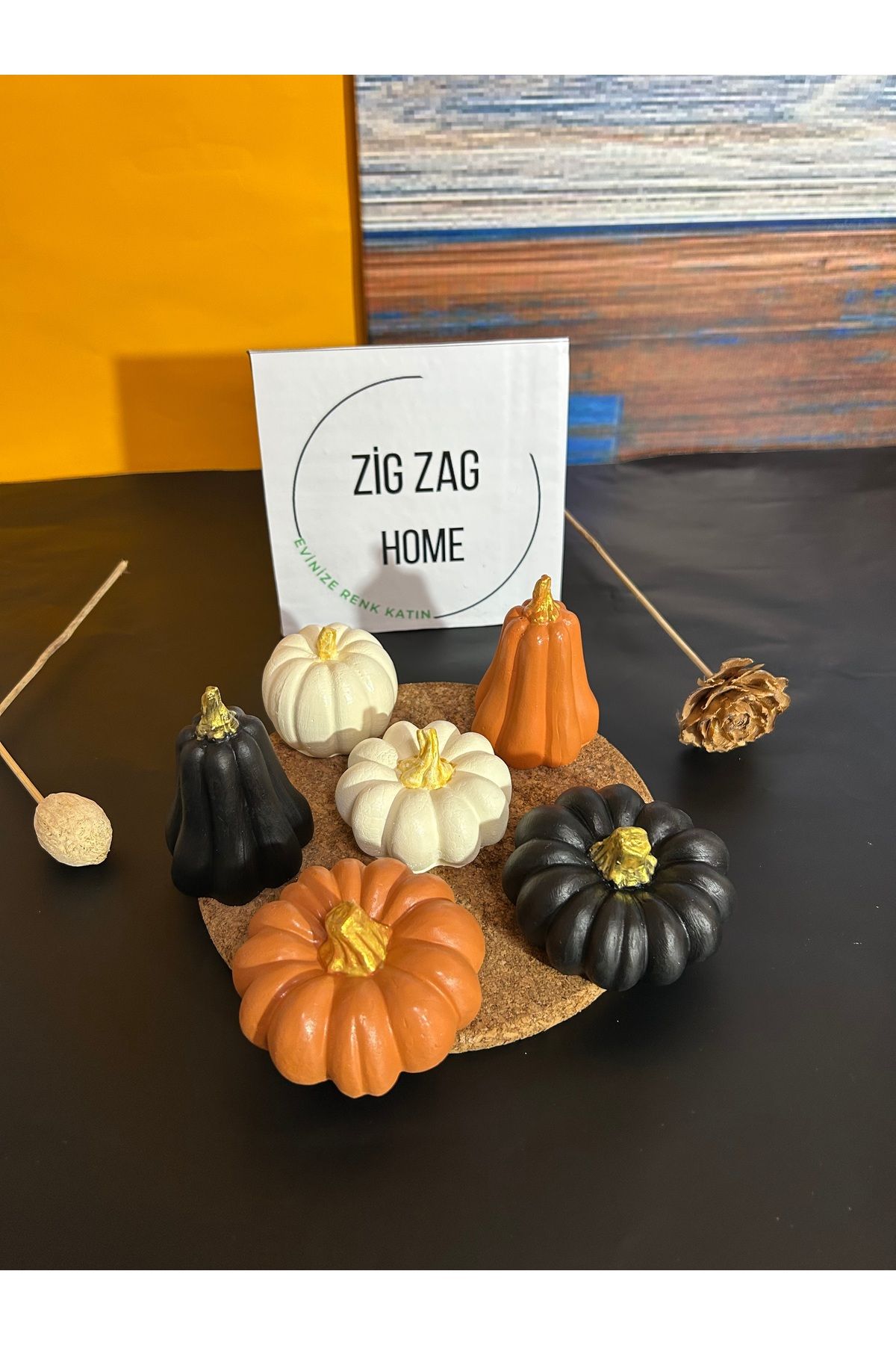 Zigzag Home 6 Lı Bal Kabağı Biblo Dekoratif Siyah ,Bej ,Turuncu (Gold Detaylı )
