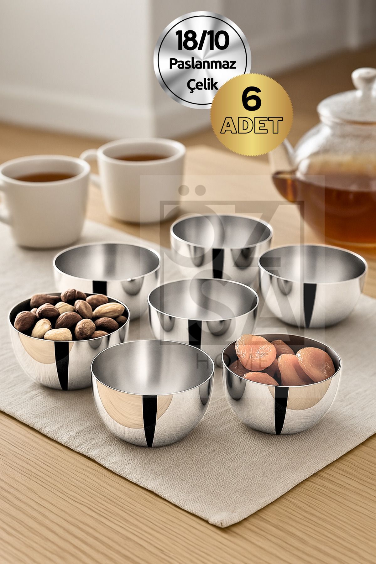 ÖzSa Home 6 Adet 18/10 - 304 Kalite Paslanmaz Çelik Çerezlik Kuruyemişlik Çerezlik Takımı 9 Cm Kase
