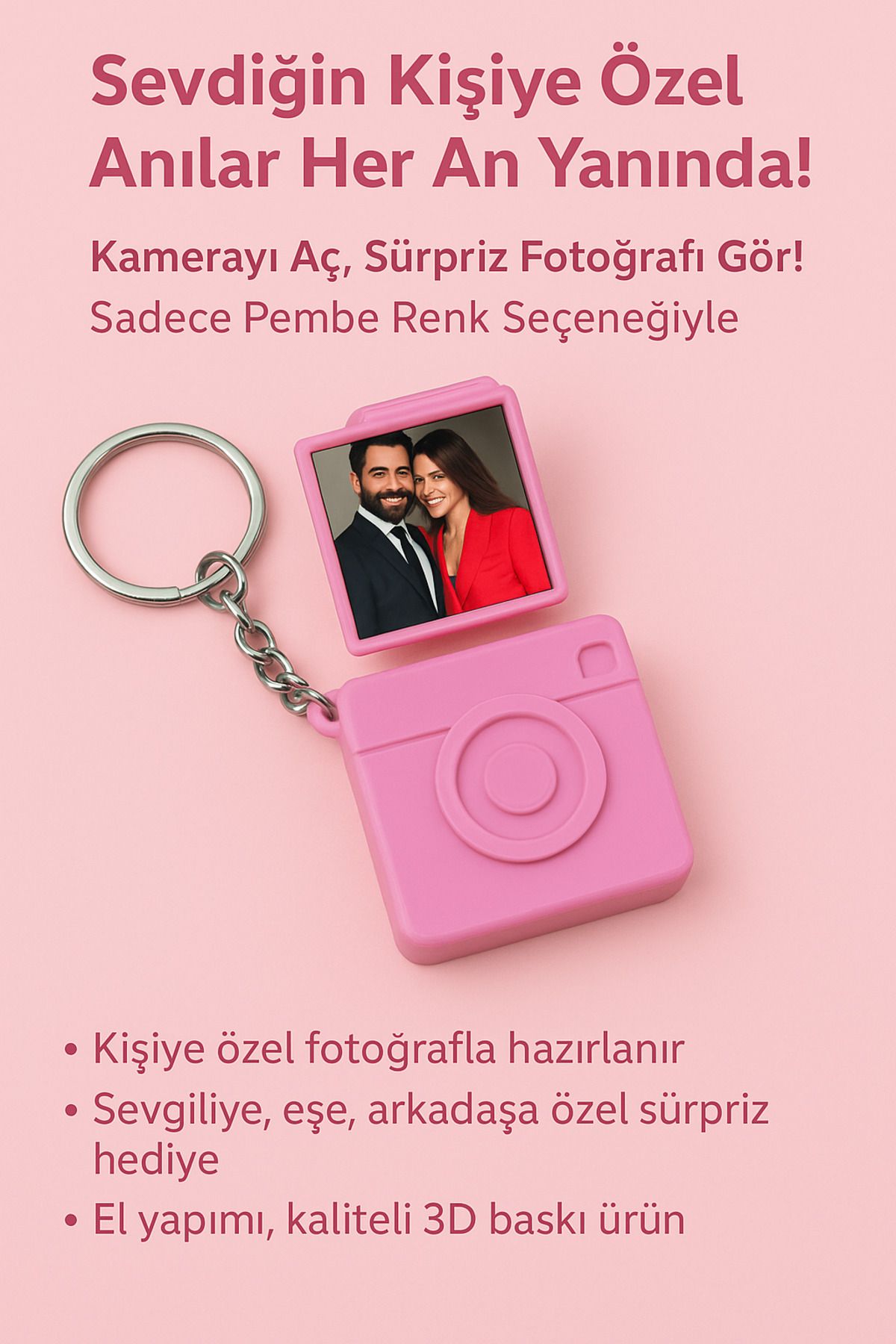 Bofen Fotoğraf Sürprizli şipşak Kamera Anahtarlık – Kişiye Özel, Pembe Renk, El Yapımı 3D Baskı Hediye
