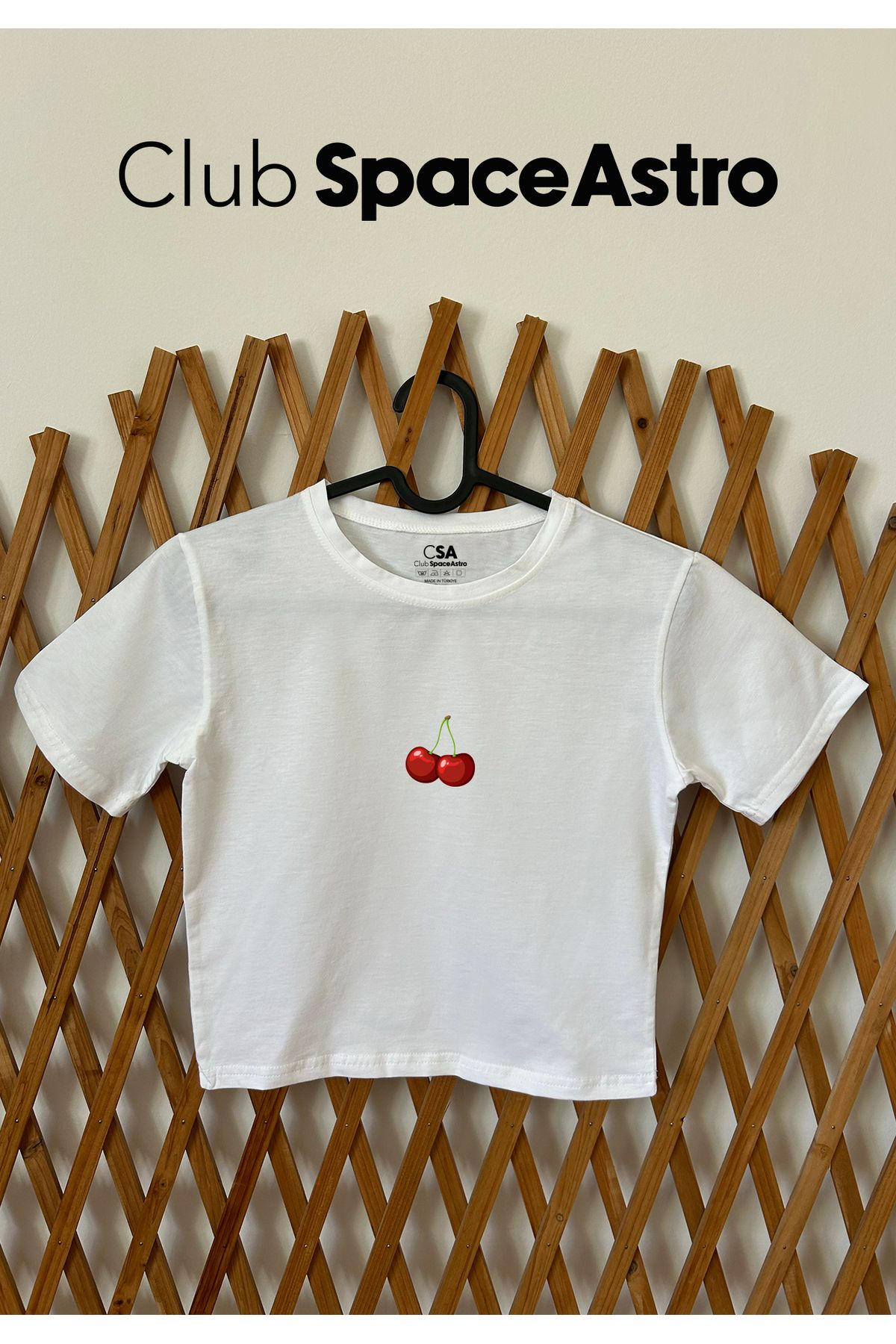 ClupSpaceAstro Cherry Baskılı Pamuklu Likralı Bisiklet Yaka Crop Kadın Üst