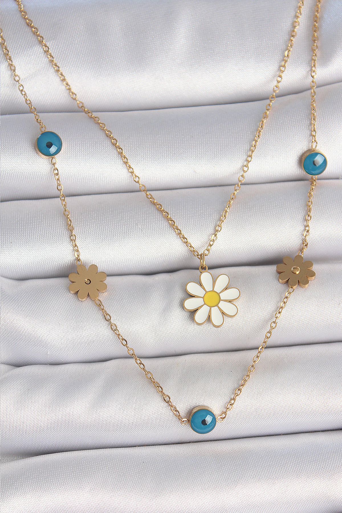 MELFSHOP 316L Çelik Gold Renk 2'Li Zincir Model Papatya Figür Nazar Boncuk Detay Kadın Kolye