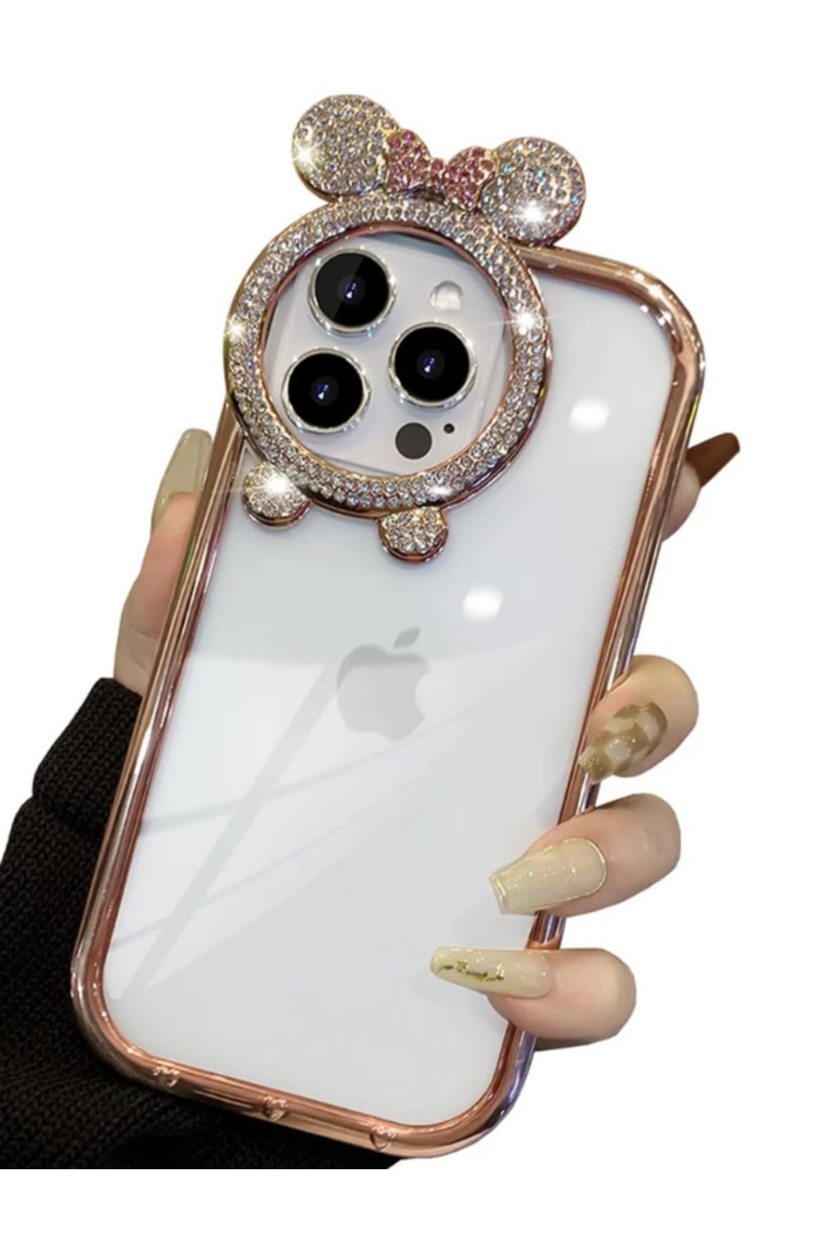 Cleo Cases Tarzını Yansıt iPhone 15 Uyumlu Taşlı Minnie Mouse Kulaklı Işıltılı Şeffaf Silikon Kılıf