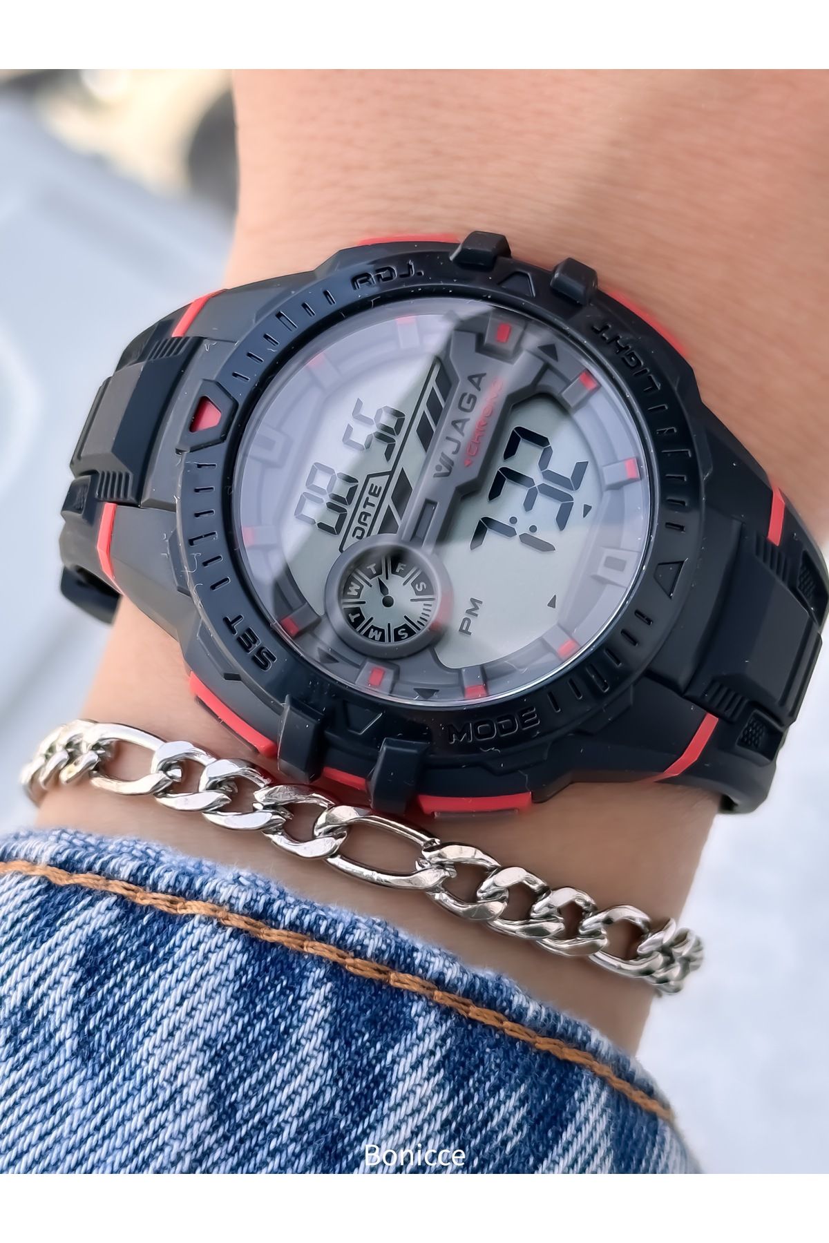 Jaga 45MM Havuz Deniz Kullanım,Işıklı,Takvimli,Kronometreli MAVİ Silikon Dijital SPOR Kadın Kol Saati