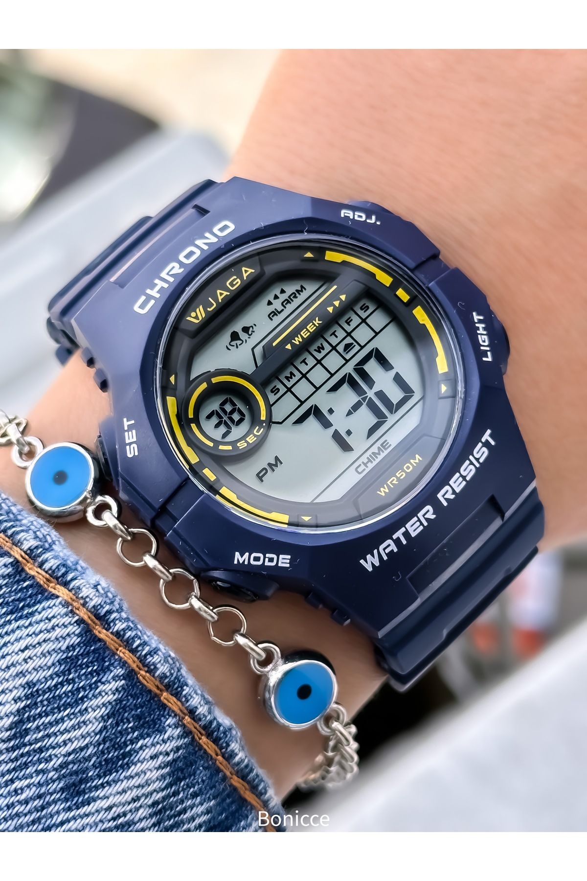 Jaga 45MM Havuz Deniz Kullanım,Işıklı,Takvimli,Kronometreli Lacivert Silikon Dijital SPOR Kadın Kol Saati