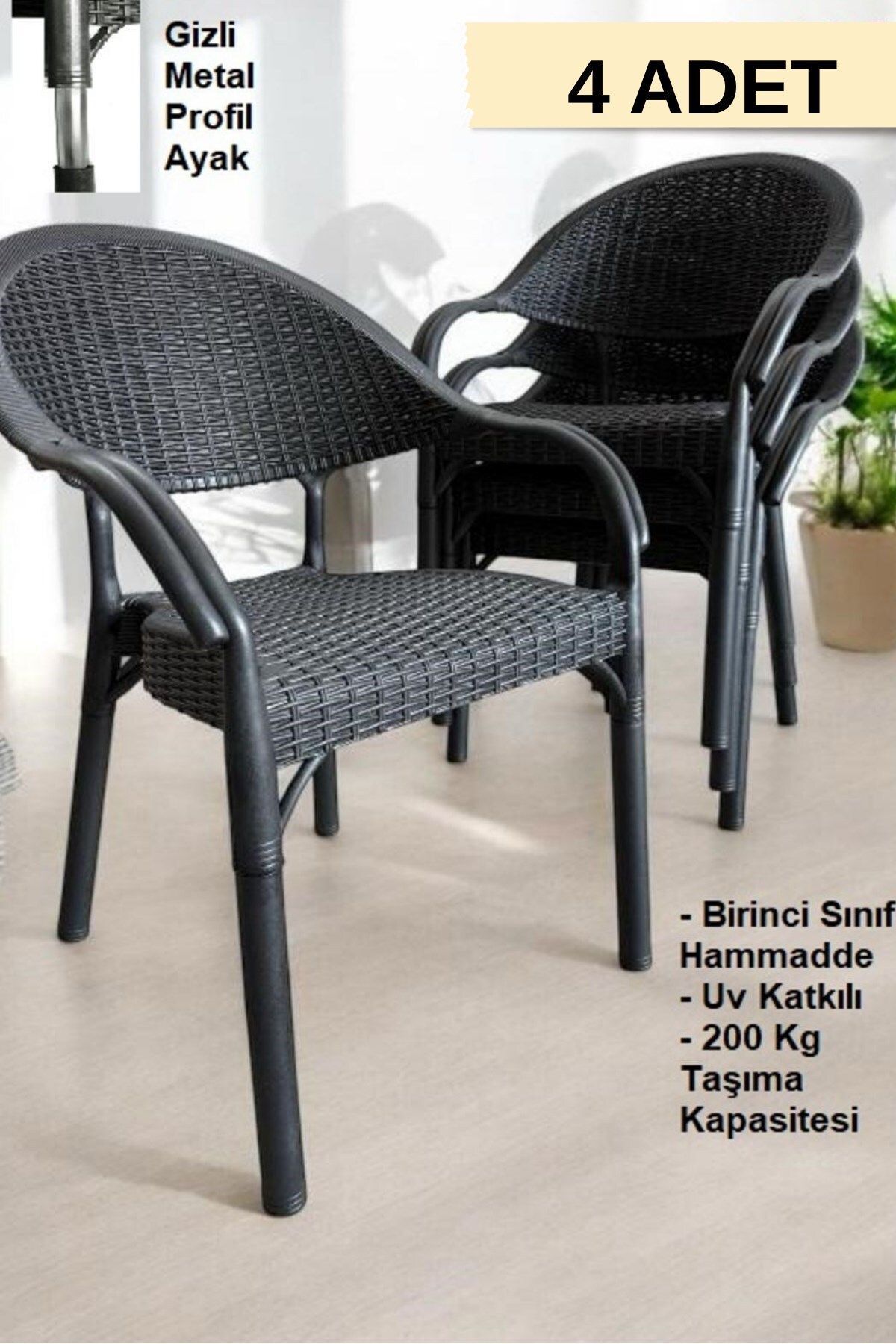 FURNLİNE MOBİLYA Furnline Mobilya Bambu Rattan Kollu Sandalye Koltuk 4'lü Set
