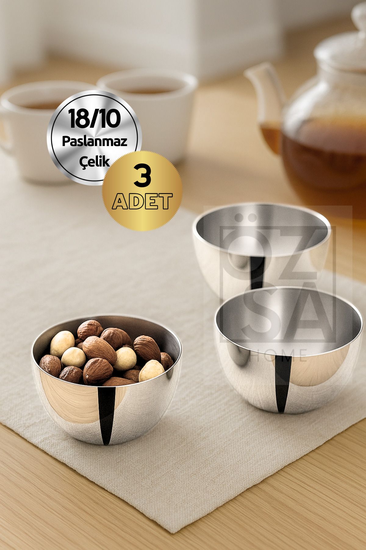 ÖzSa Home 3 Adet 18/10 - 304 Kalite Paslanmaz Çelik Çerezlik Kuruyemişlik Çerezlik Takımı 9 Cm Kase