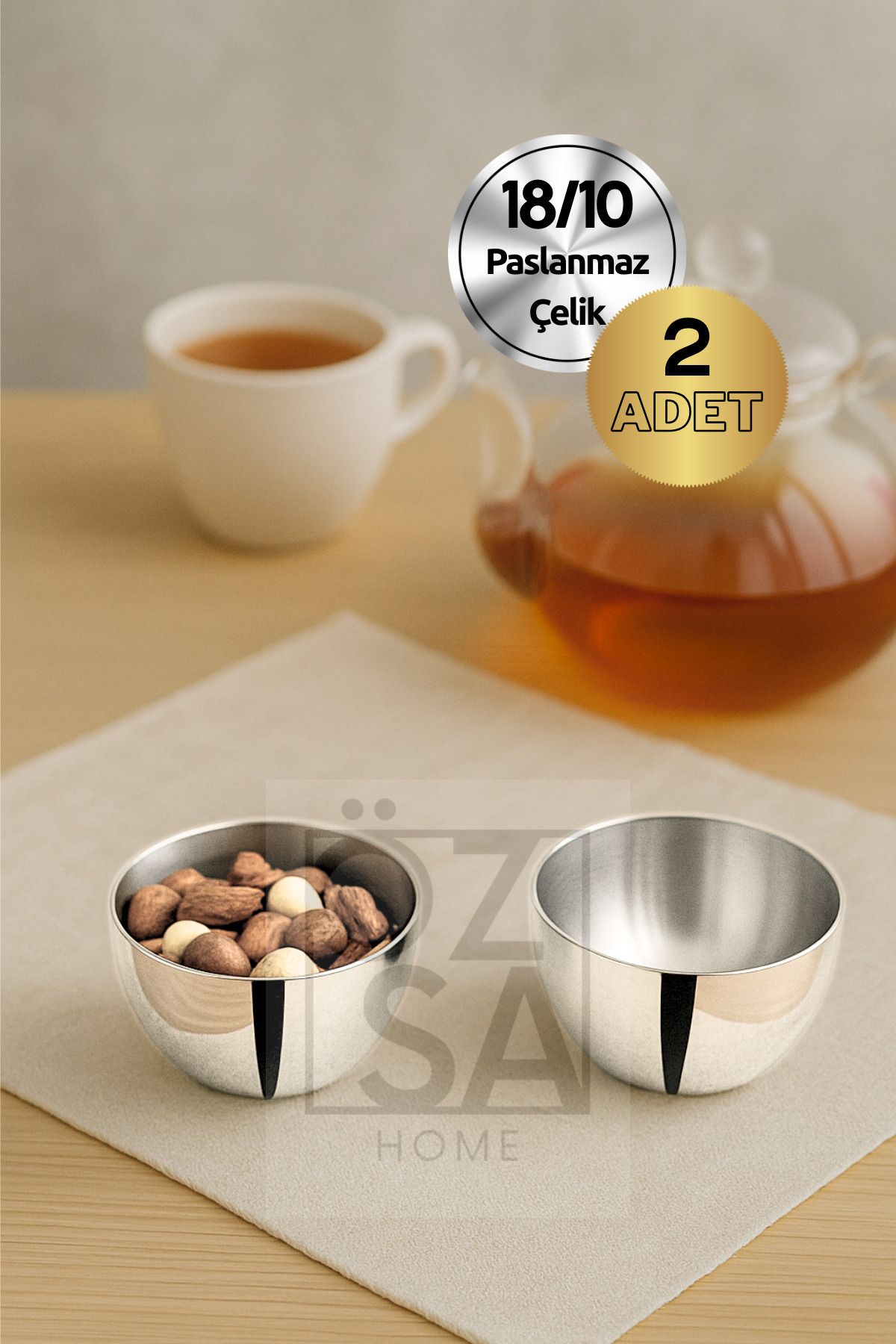 ÖzSa Home 2 Adet 18/10 - 304 Kalite Paslanmaz Çelik Çerezlik Kuruyemişlik Çerezlik Takımı 9 Cm Kase