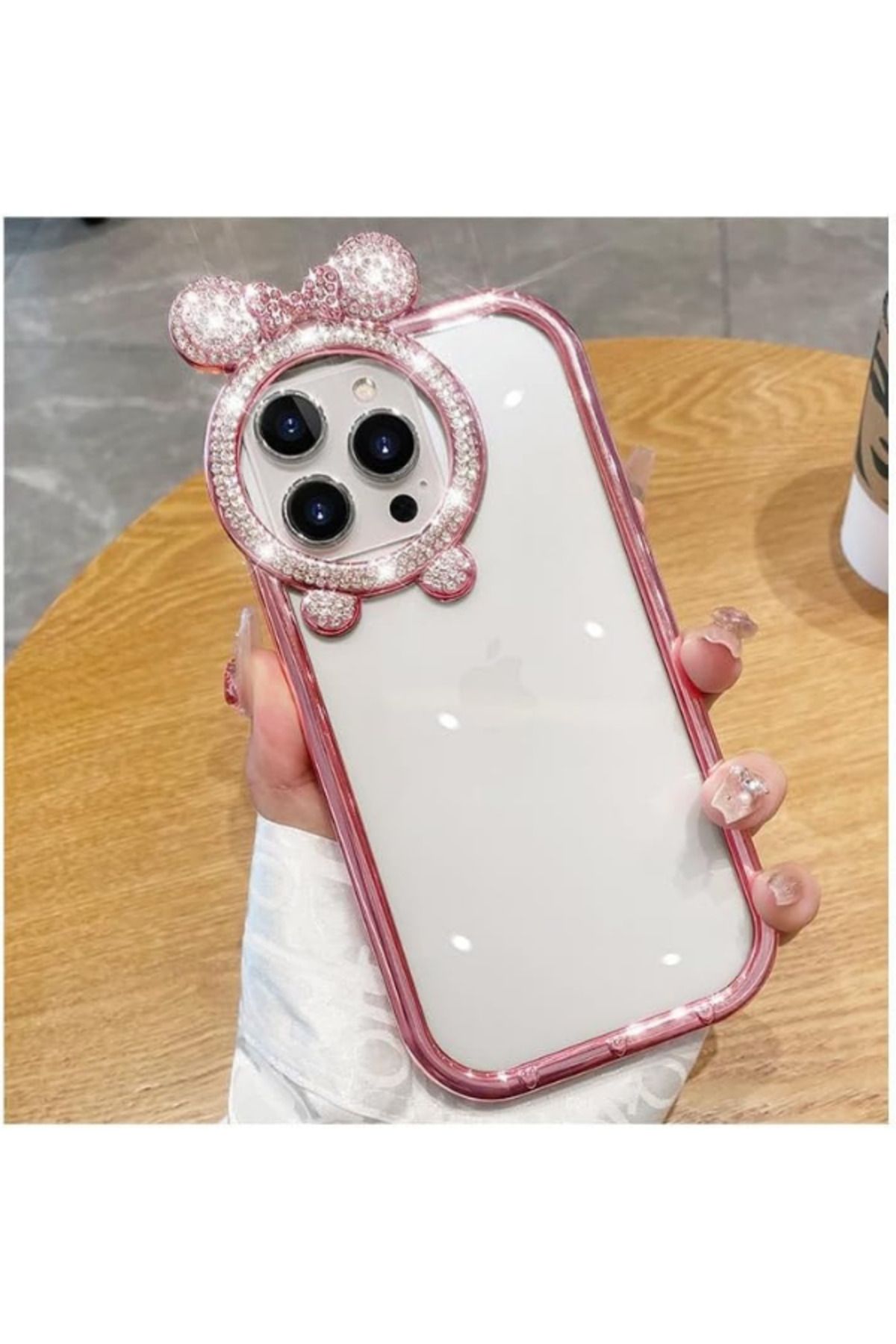 Cleo Cases Tarzını Yansıt iPhone 15 Uyumlu Taşlı Minnie Mouse Kulaklı Işıltılı Şeffaf Silikon Kılıf