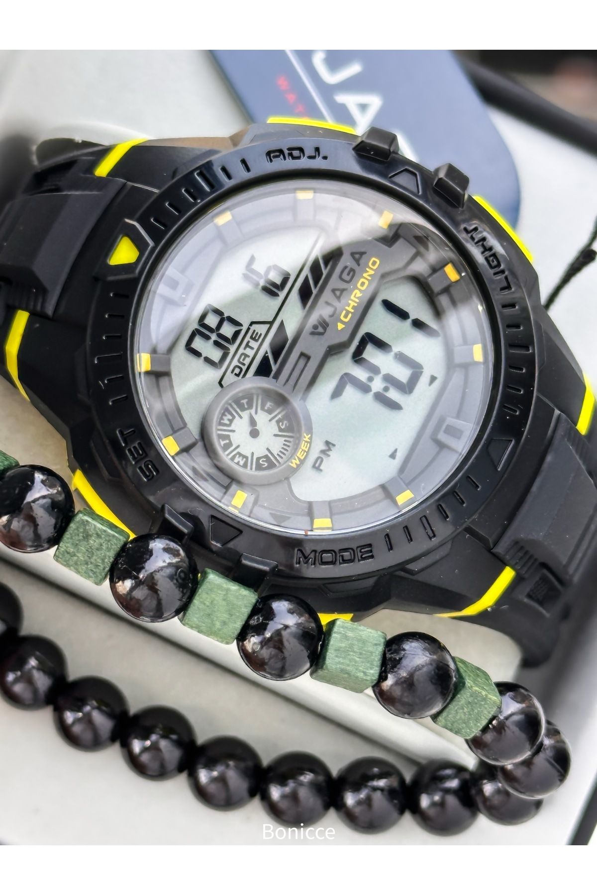Jaga 45MM Havuz Deniz Kullanım,Işıklı,Takvimli,Kronometreli Siyah Silikon Dijital SPOR Erkek Kol Saati