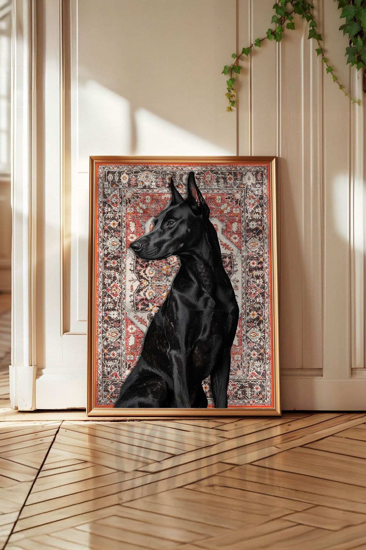 Huca Doberman - İran Halısı Poster - Resim Yapılmış Halı - Hayvan Poster - Vintage - Boho
