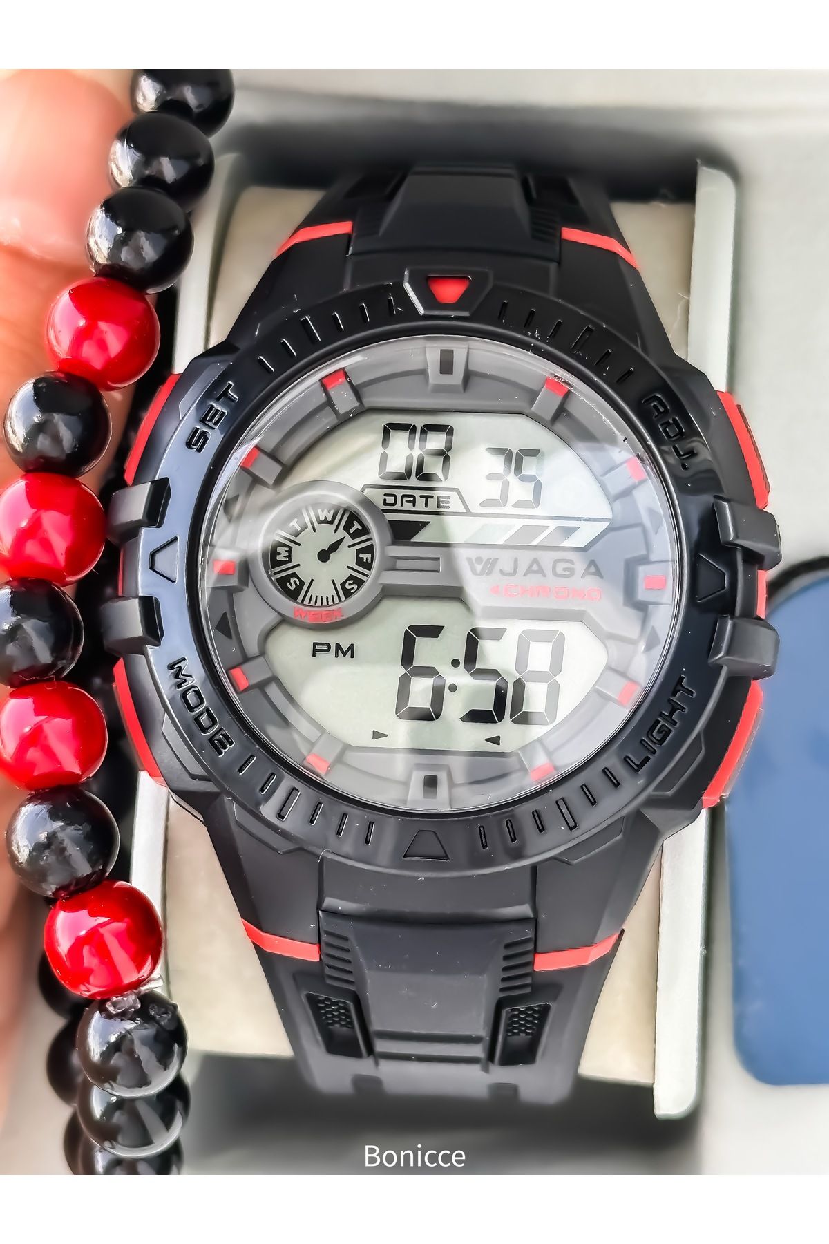 Jaga-45mm Pool Sea Use,Lighted,Calendar,Chronometer Red Silicone Digital Sport Men Wrist Watch 4