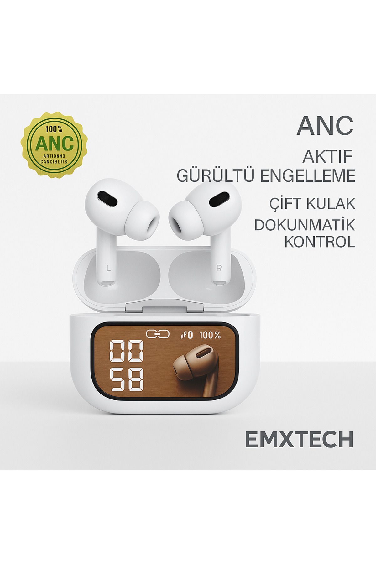 EMXTECH ANC/ENC Dijital Ekranlı Bluetooth Kulaklık - Gürültü Engelleme, Dokunmatik Kontrol, Şarj Göstergesi