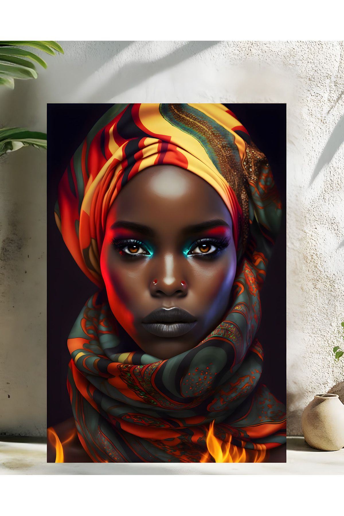 Levhane Afro Sanat Temalı Metal Tablo - Kadın Portre & Soyut Tasarım - 1 mm Alüminyum - UltraHD Baskı