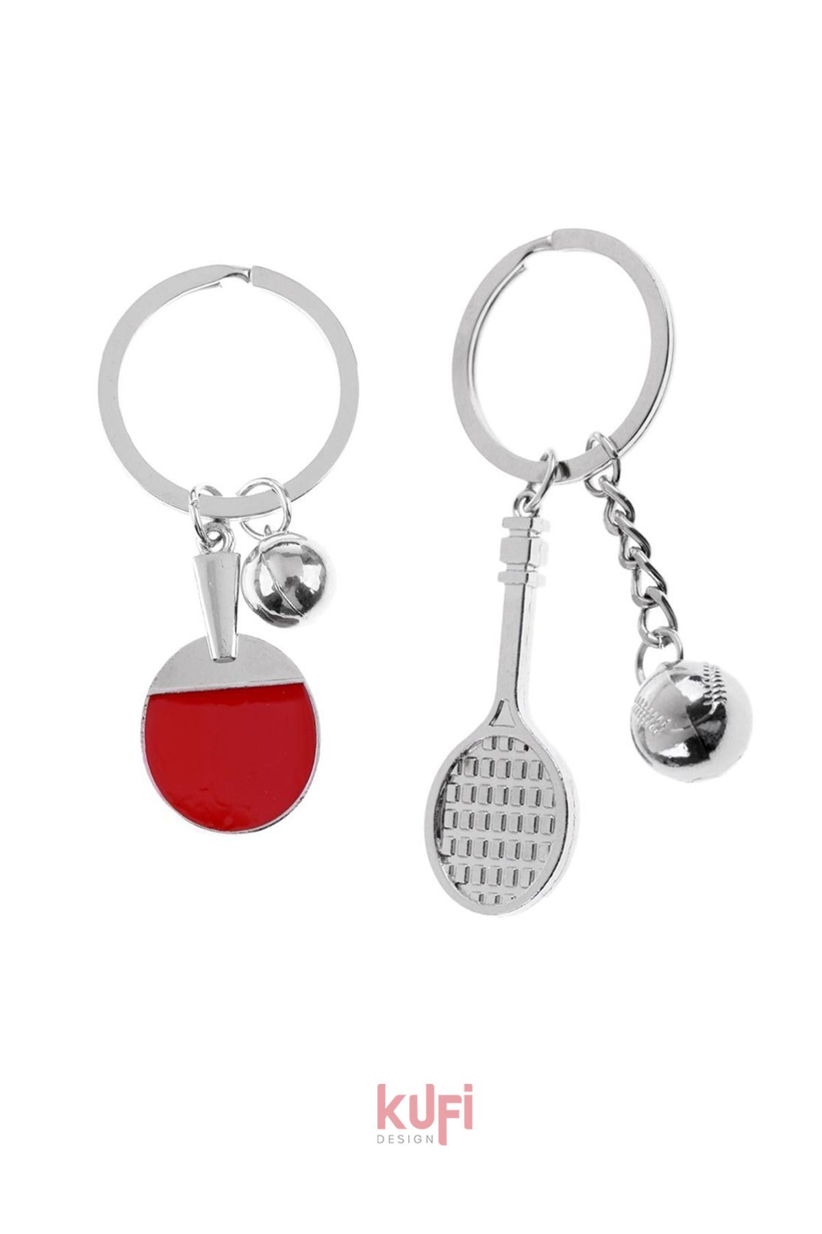 Kufi Design 2 Adet Masa Tenisi Ping Pong Raketi ve Masa Tenisi Topu Metal Anahtarlık