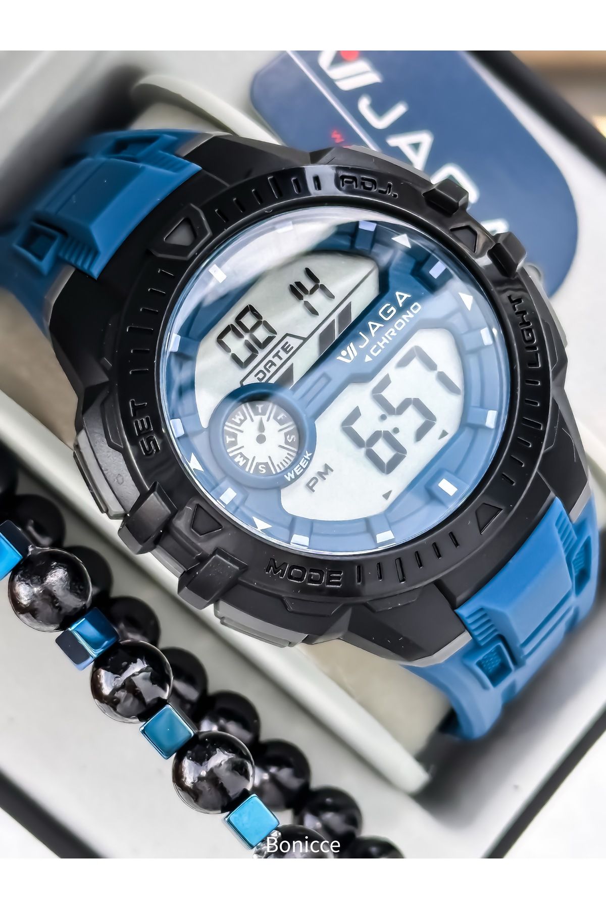 Jaga 45MM Havuz Deniz Kullanım,Işıklı,Takvimli,Kronometreli Lacivert Silikon Dijital SPOR Erkek Kol Saati