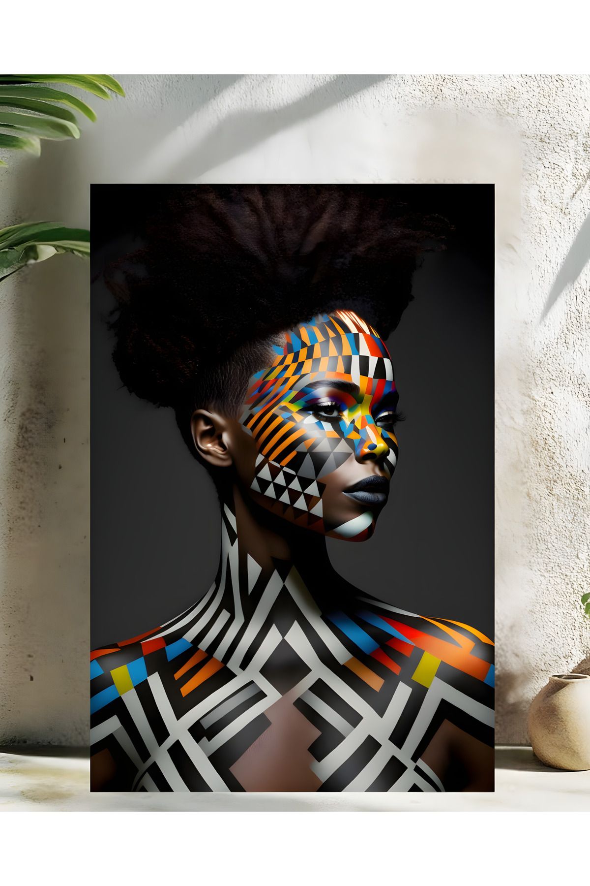Levhane Afro Sanat Temalı Metal Tablo - Kadın Portre & Soyut Tasarım - 1 mm Alüminyum - UltraHD Baskı