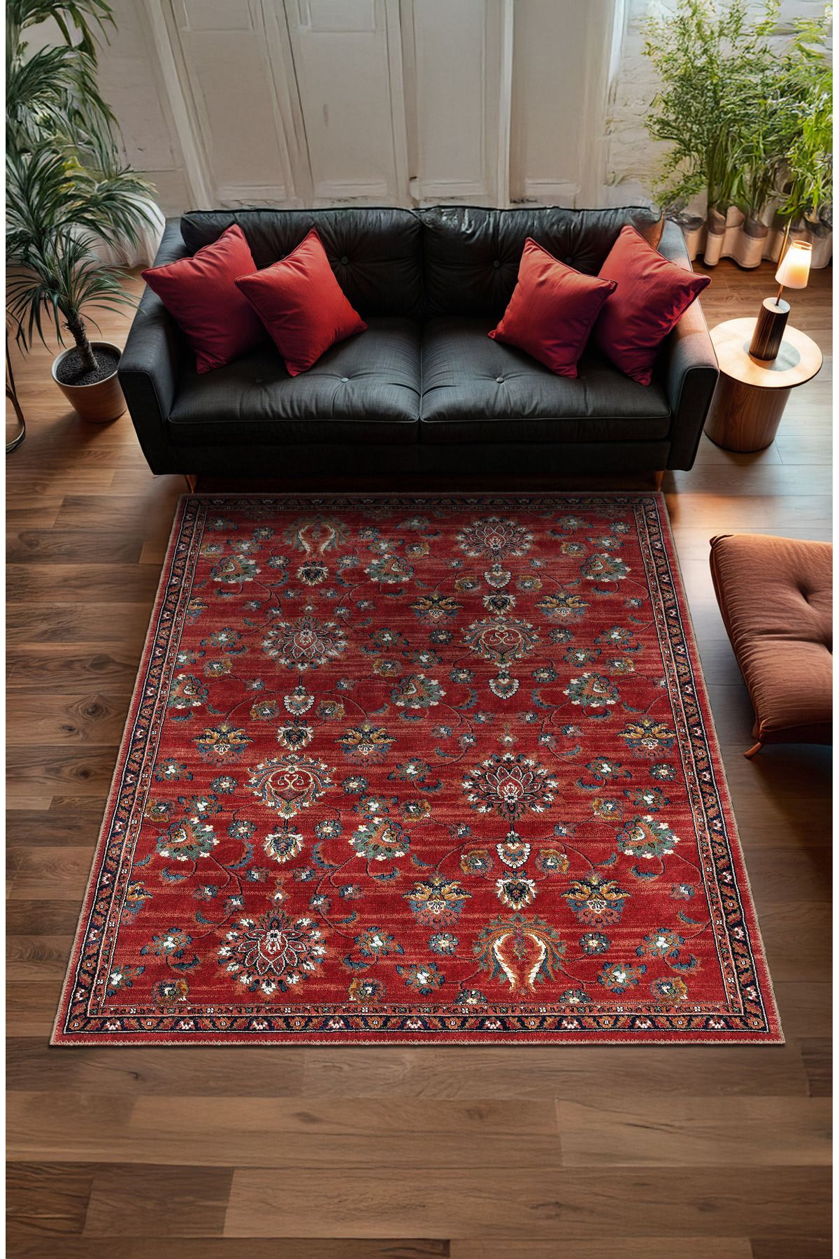 BigArts Home Tutkulu Kırmızı Renkli Vintage Desenli Salon Halısı, Dokuma Taban Dekoratif Şönil Halı
