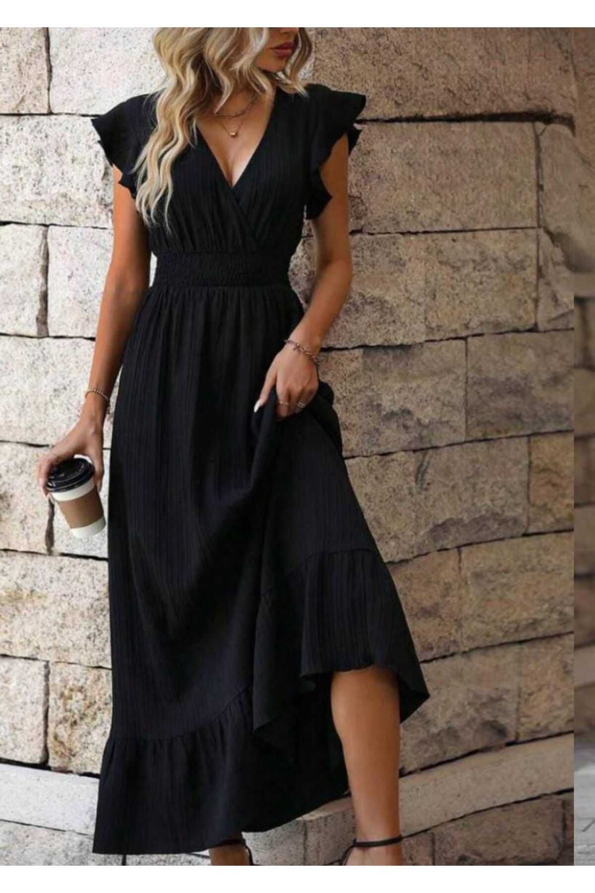 Butik V YAKA FIRFIR KOLLU ÖNÜ GİPELİ BÜRÜMCÜK KUMAŞ ELBİSE