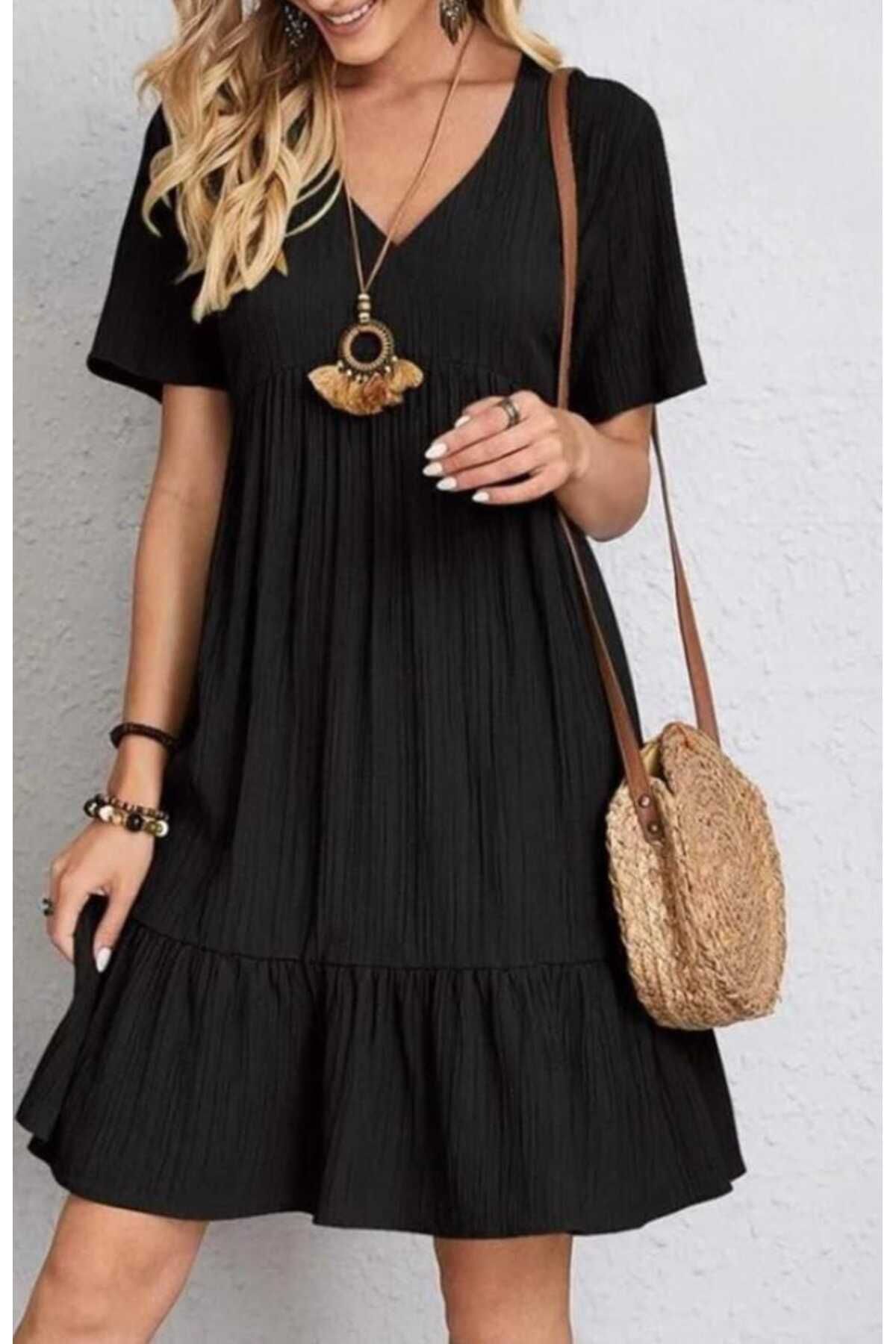 Butik V YAKA FIRFIRLI BÜRÜMCÜK KUMAŞ ELBİSE