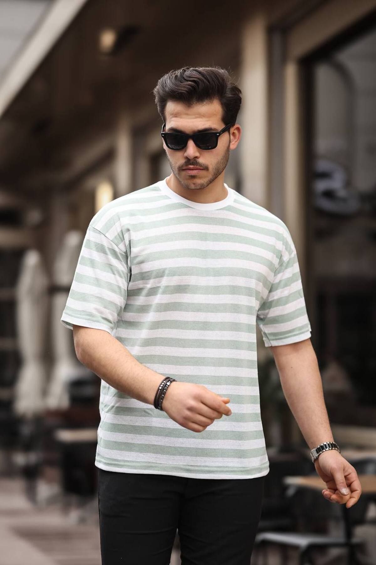 TMB Çizgili Bisiklet Yaka Tişört Mint Yeşili