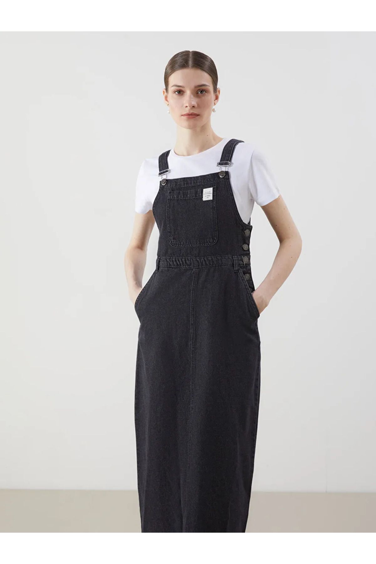 LC Waikiki LCW Modest Siyah Kare Yaka Baskılı Askılı Kadın Jean Salopet Elbise