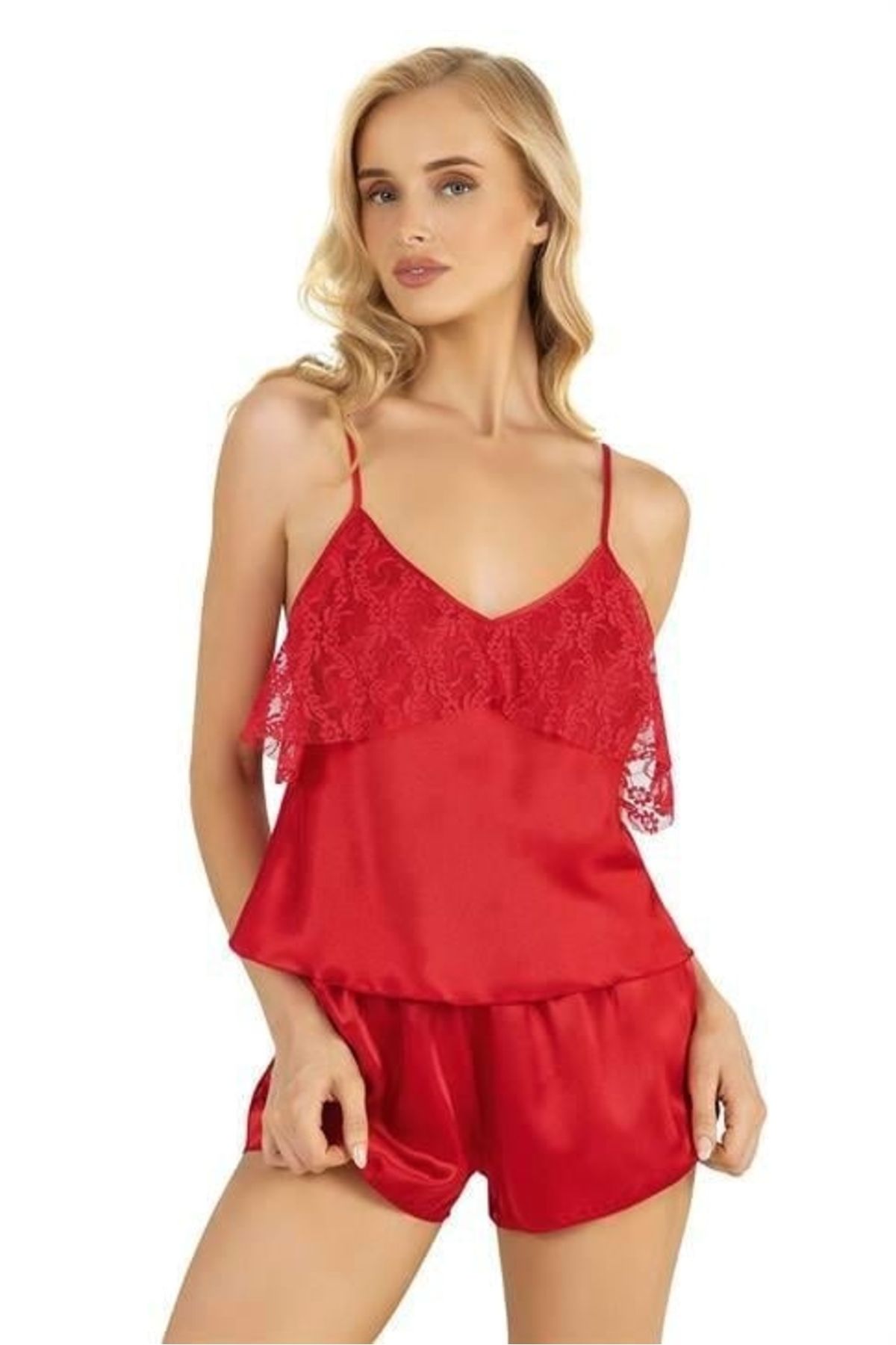 Moda Şahsenem Kırmızı Saten Şort Takımı 9214