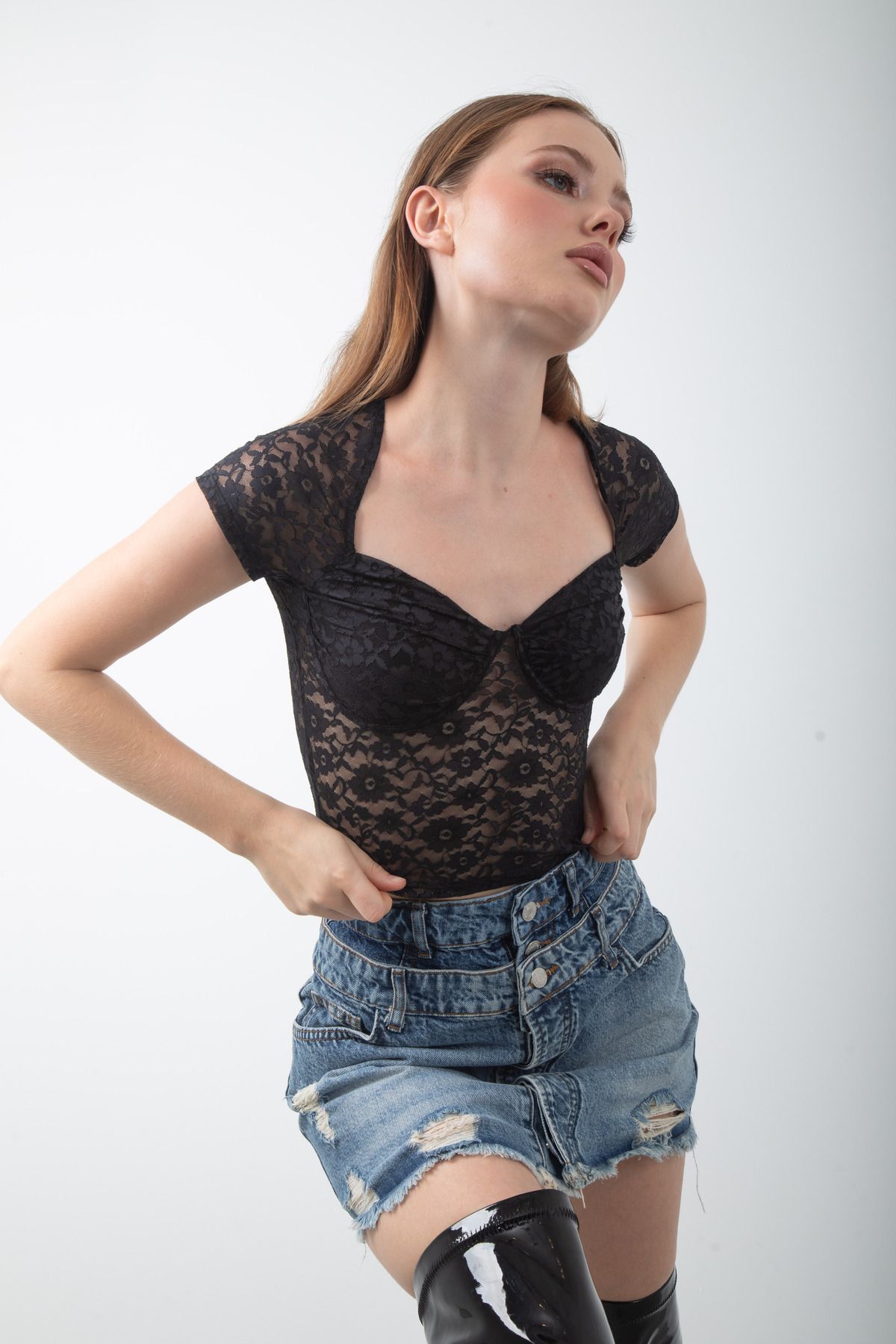 top girl Dantel Kısa Kol Transparan Crop Bluz