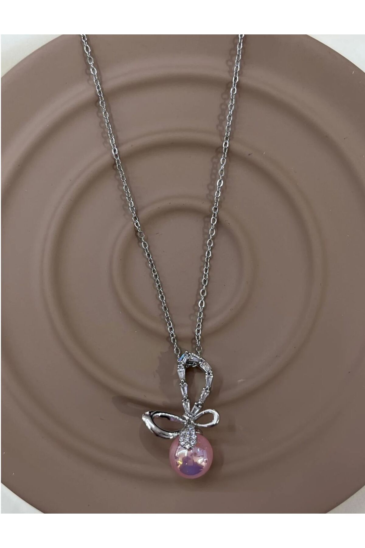 Butik Çelik Silver Pembe İncili Kolye
