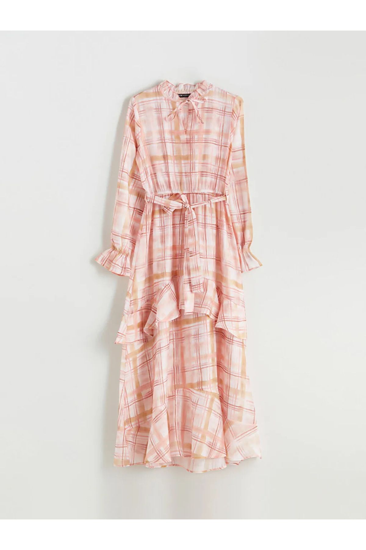 LC Waikiki LCW Modest Pembe Bağlamalı Yaka Ekose Fırfırlı Elbise