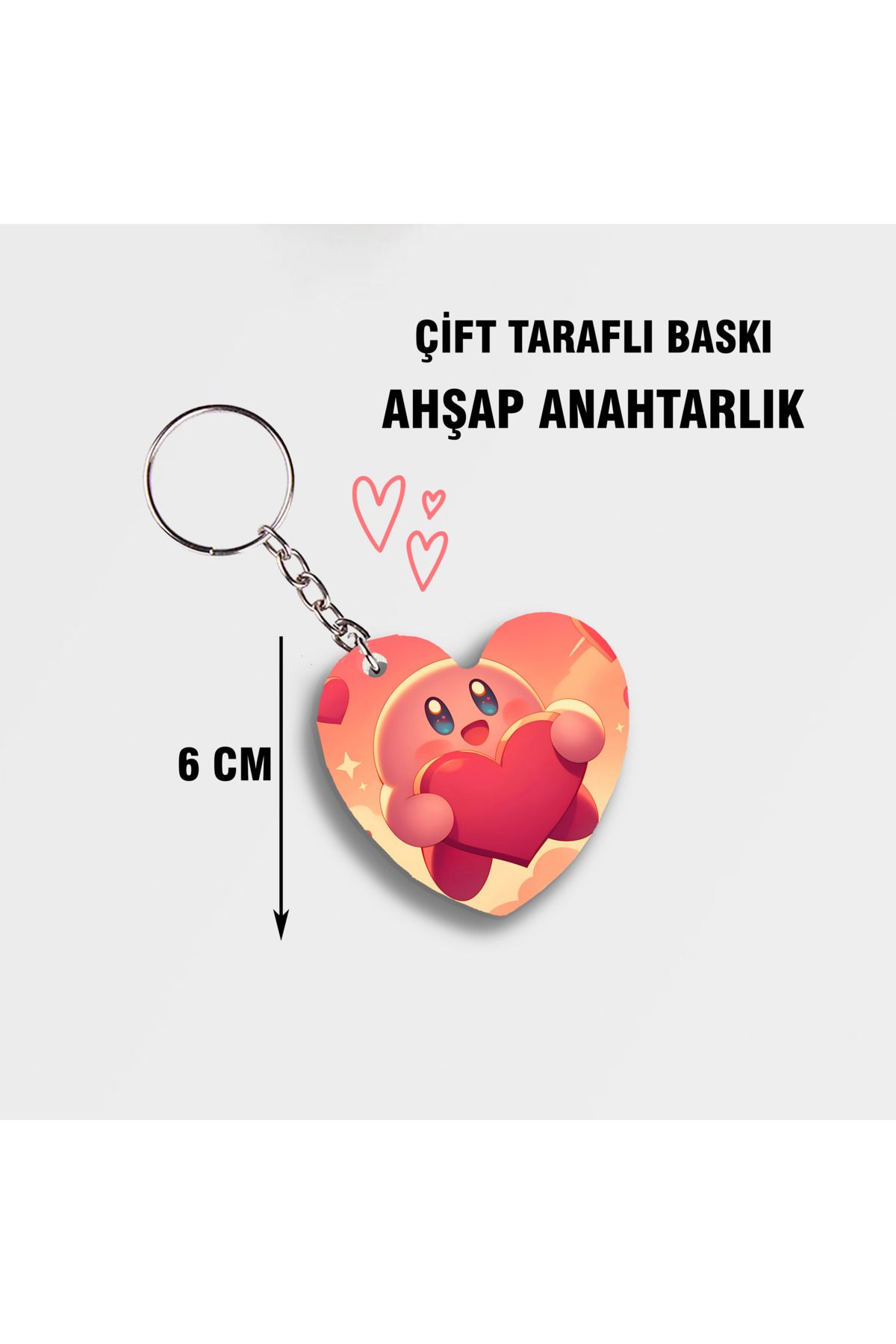 Akumastik Kirby Pembe Kalpli Ahşap Anahtarlık - Çift Taraflı Baskı - 6cm Anime
