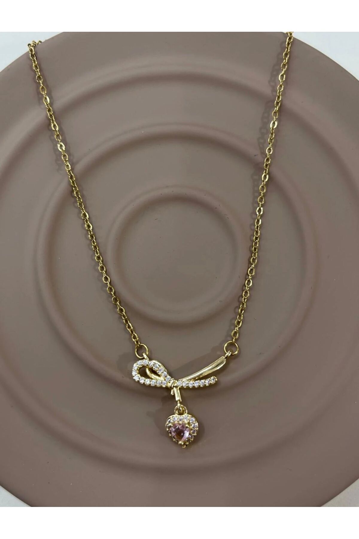 Butik Çelik Gold Sonsuz Kalp Taşlı Kolye
