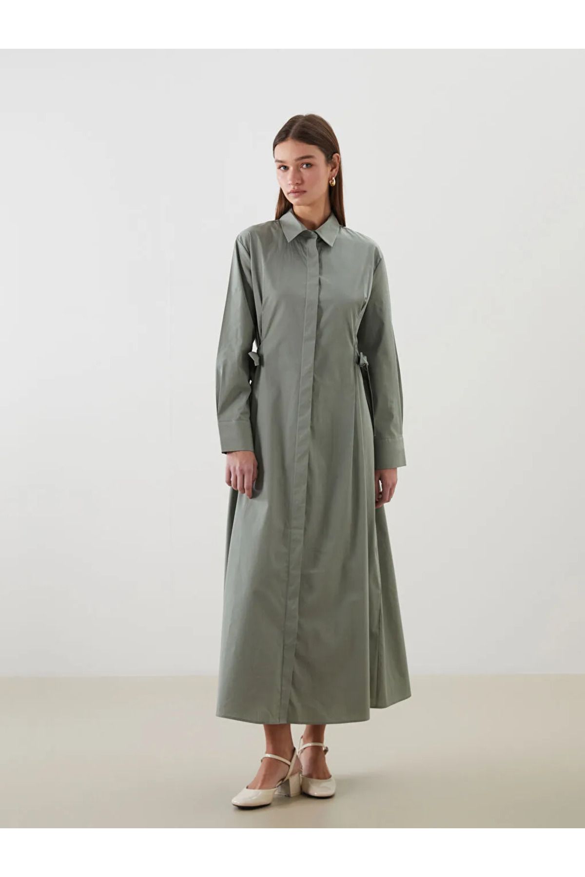 LC Waikiki LCW Modest Yeşil Beli Bağlamalı Poplin Gömlek Elbise