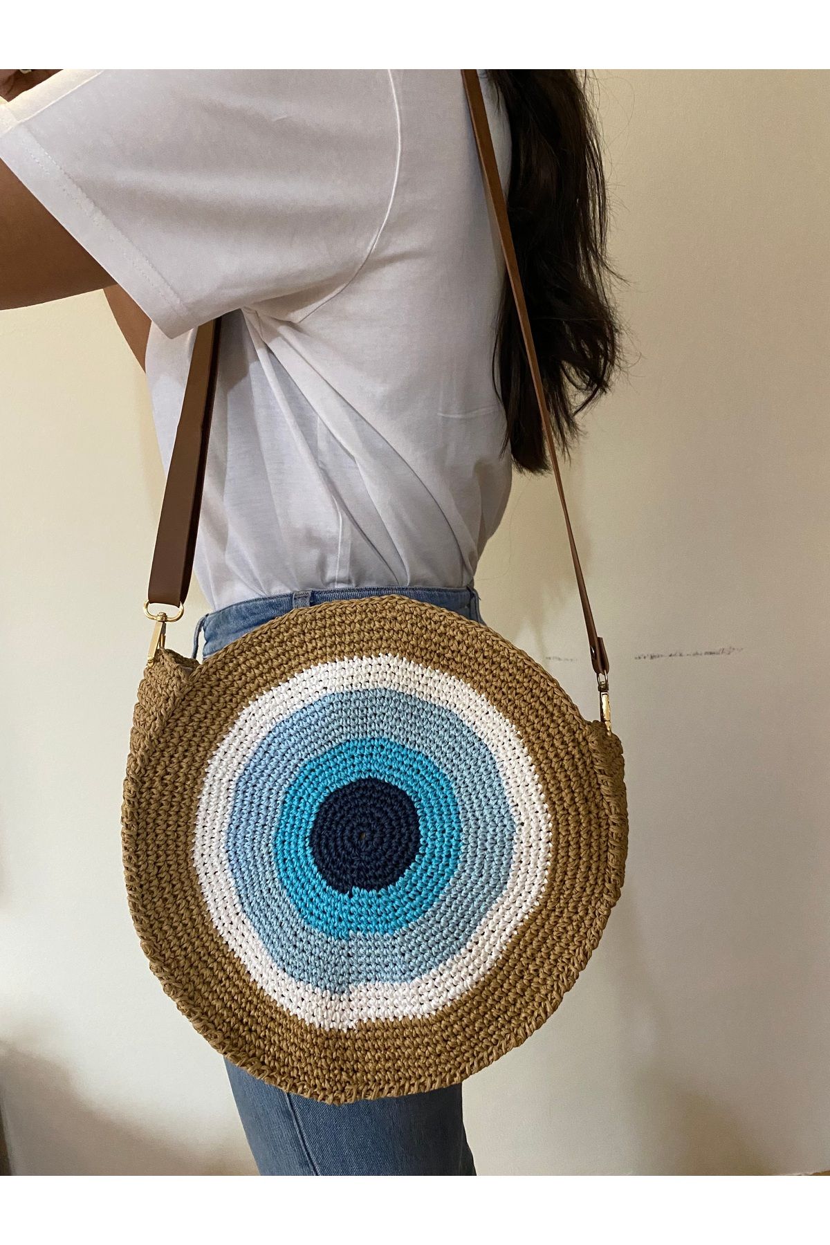 Nillys Kadın Kağıt İp Nazar Boncuklu Örgü Astarlı Omuz Çantası ( Çap : 28 cm )