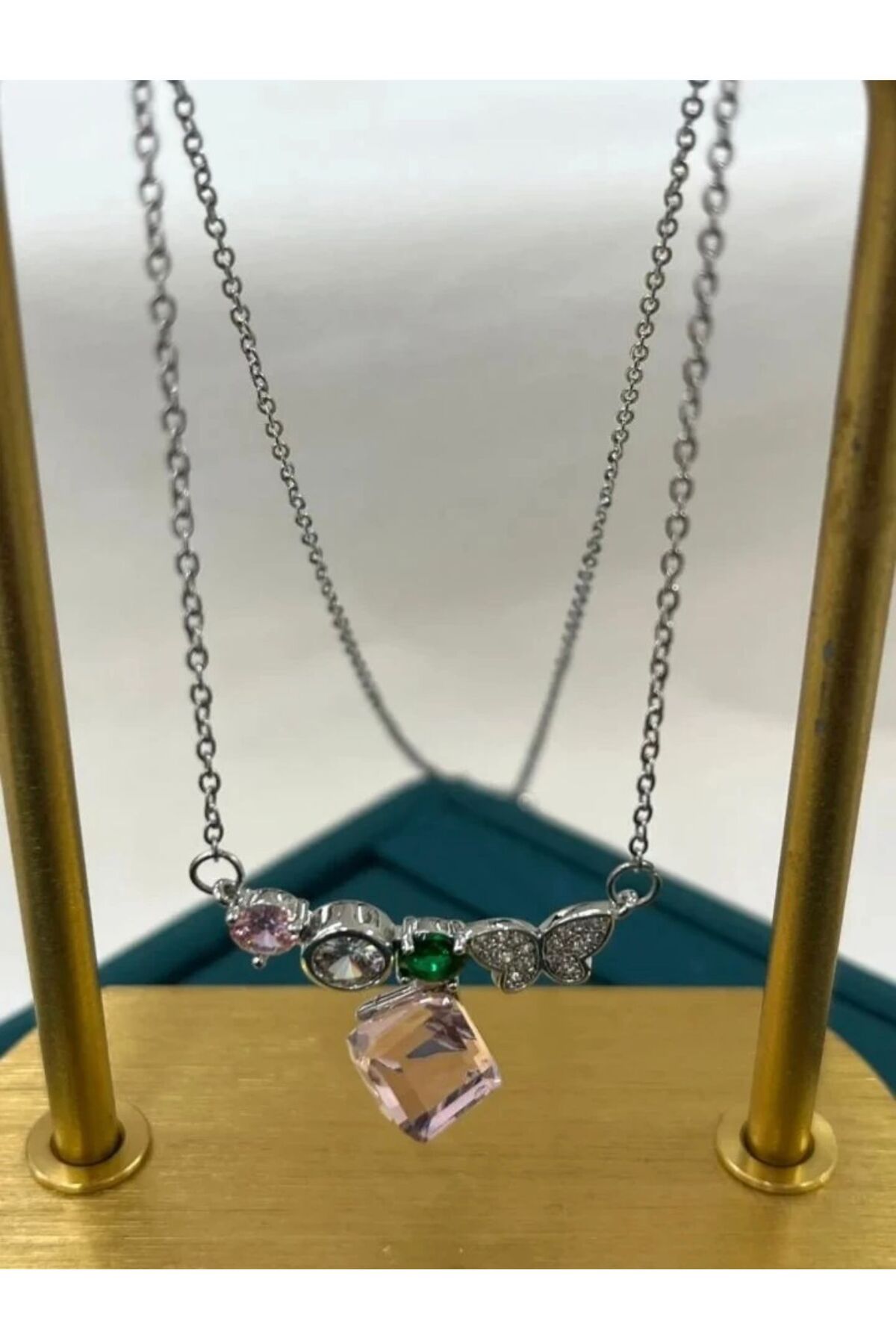 Butik Çelik Silver Kelebek Taşlı Kolye