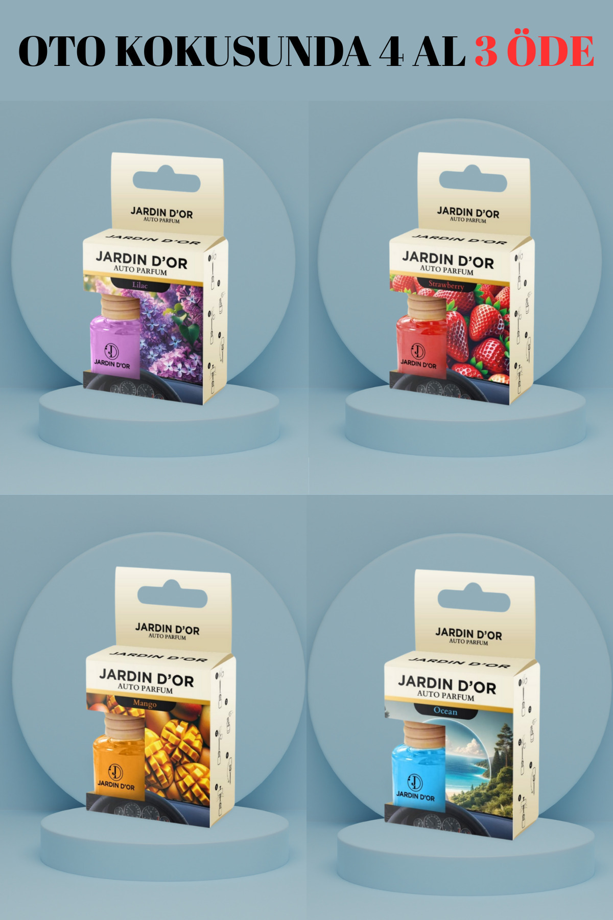 4'lü Oto Kokusu, Araba Kokusu, Araç Kokusu Auto Perfume (OKYANUS-MANGO-LEYLAK-ÇİLEK) 8 ml