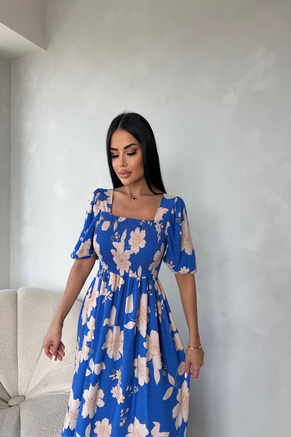 LİLA İSTANBUL Kare yaka Karpuz Kol Viskon Kumaş Çiçek Desenli Yazlık Elbise (Standart Beden S/M/L/XL Uyumlu)