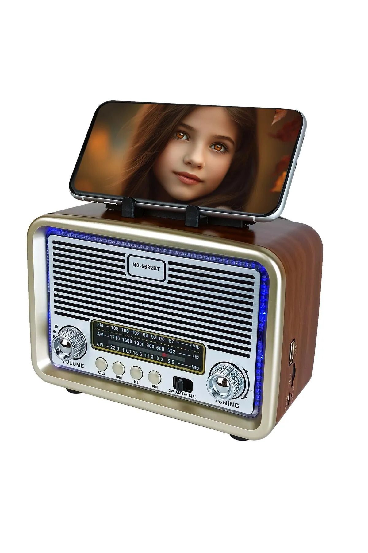 Remiuse Nostaljik Radyo Retro Bluetooth TWS Hoparlör Led Çerçeveli Telefon Tutuculu FM Radyo USB/TF Card