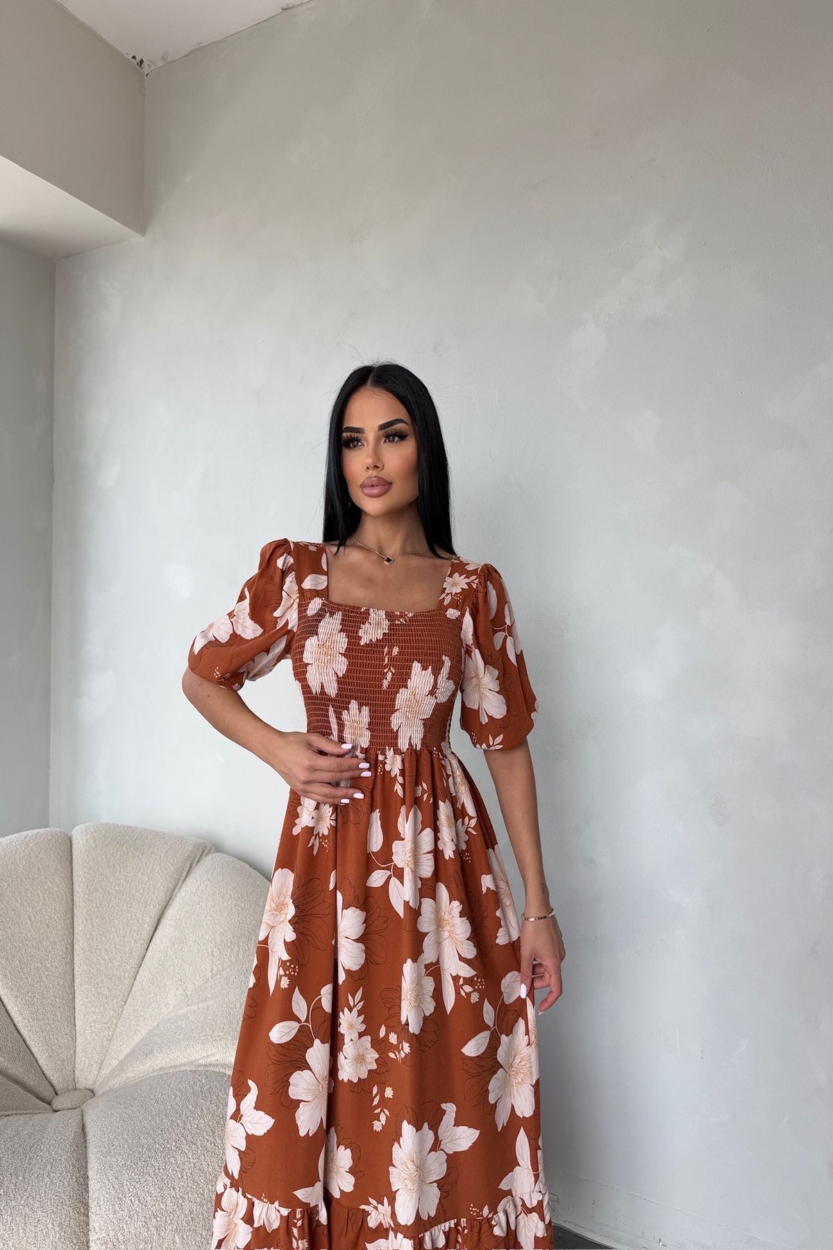 LİLA İSTANBUL Kare yaka Karpuz Kol Viskon Kumaş Çiçek Desenli Yazlık Elbise (Standart Beden S/M/L/XL Uyumlu)